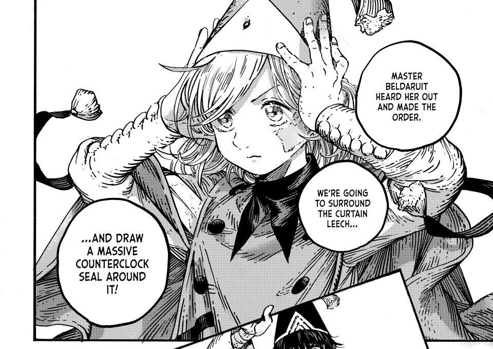 a panel from chapter 77 of Witch Hat Atelier with dialogue revealing Coco’s plan to use a giant counterclock spell on the leech monster