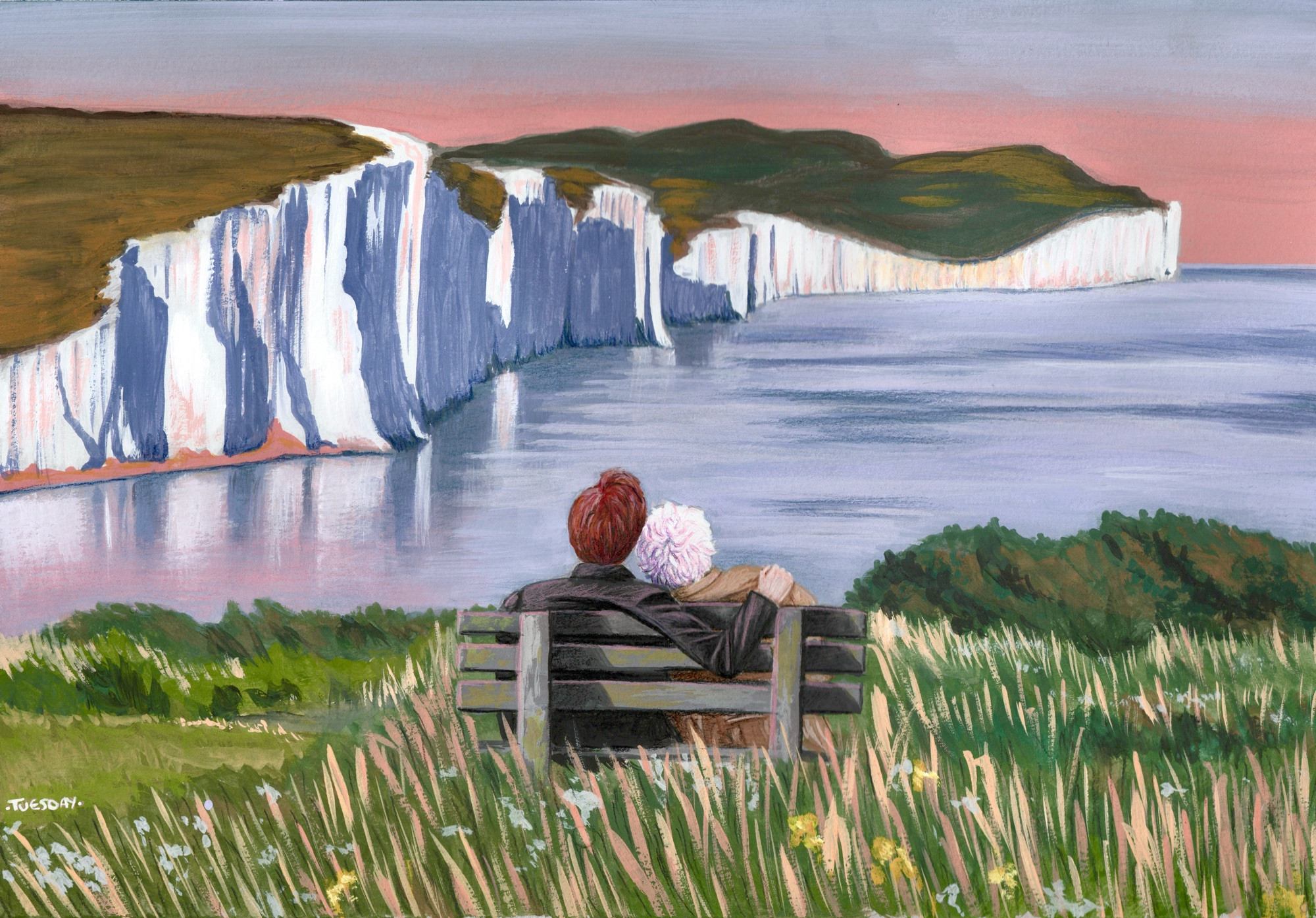 A painting of Seven Sisters at sunset. Two man shaped beings, one with red hair and one with white are snuggling on a park bench.