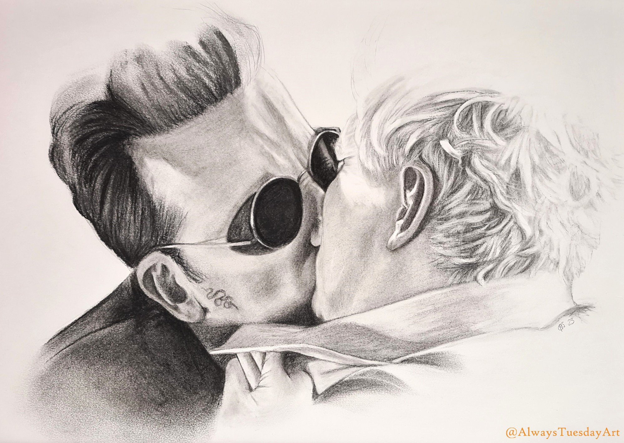 A black and white charcoal drawing of a demon in sunglasses grabbing a blonde haired angel's lapels and kissing him