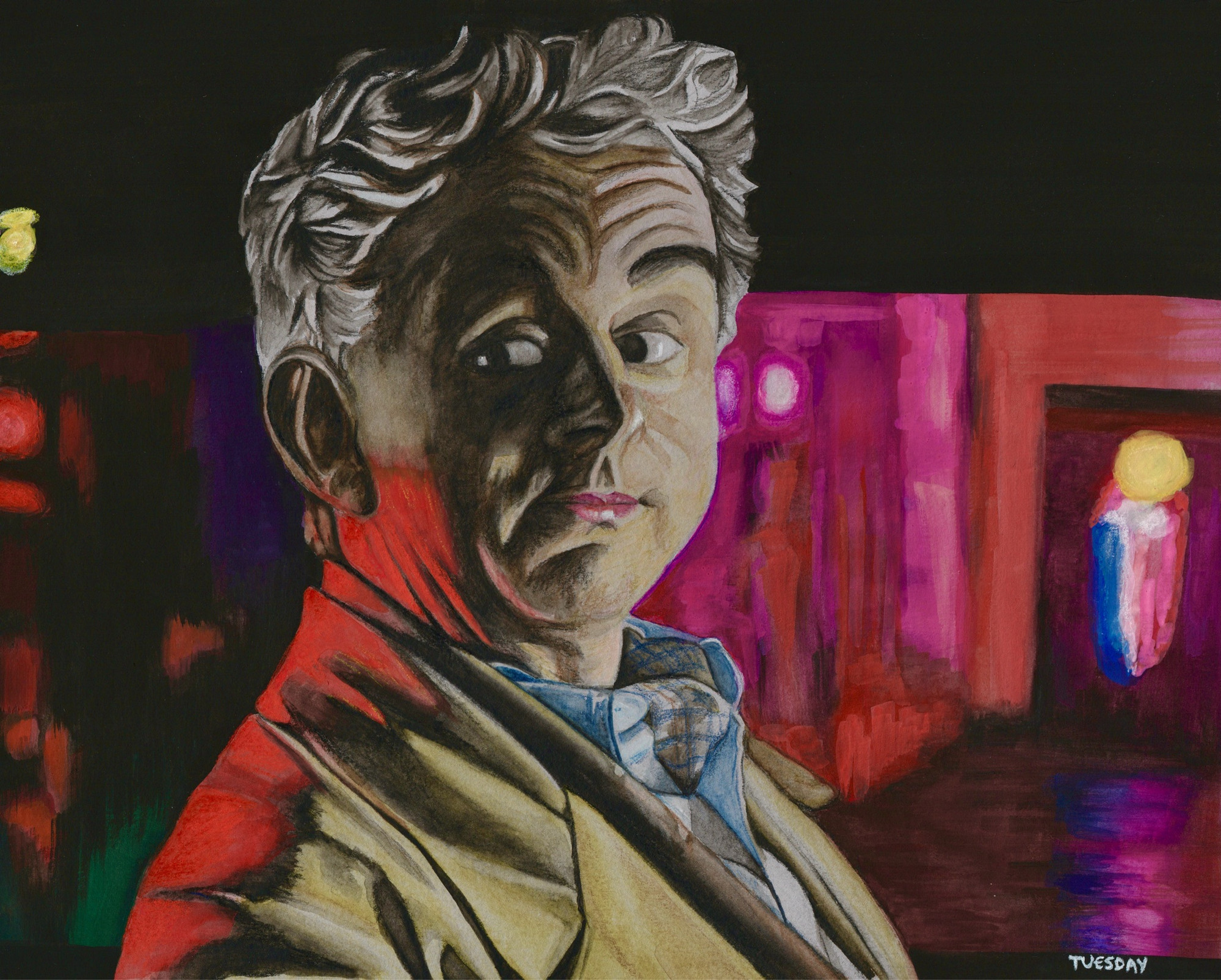 A painting of Aziraphale sitting in the Bentley at night, illuminated by the pink and red lights of Soho