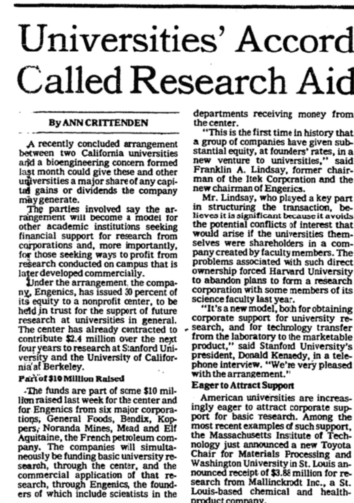 screen shot of article titled "Universities' Accord Called Research Aid" from NYT, 9/12/81