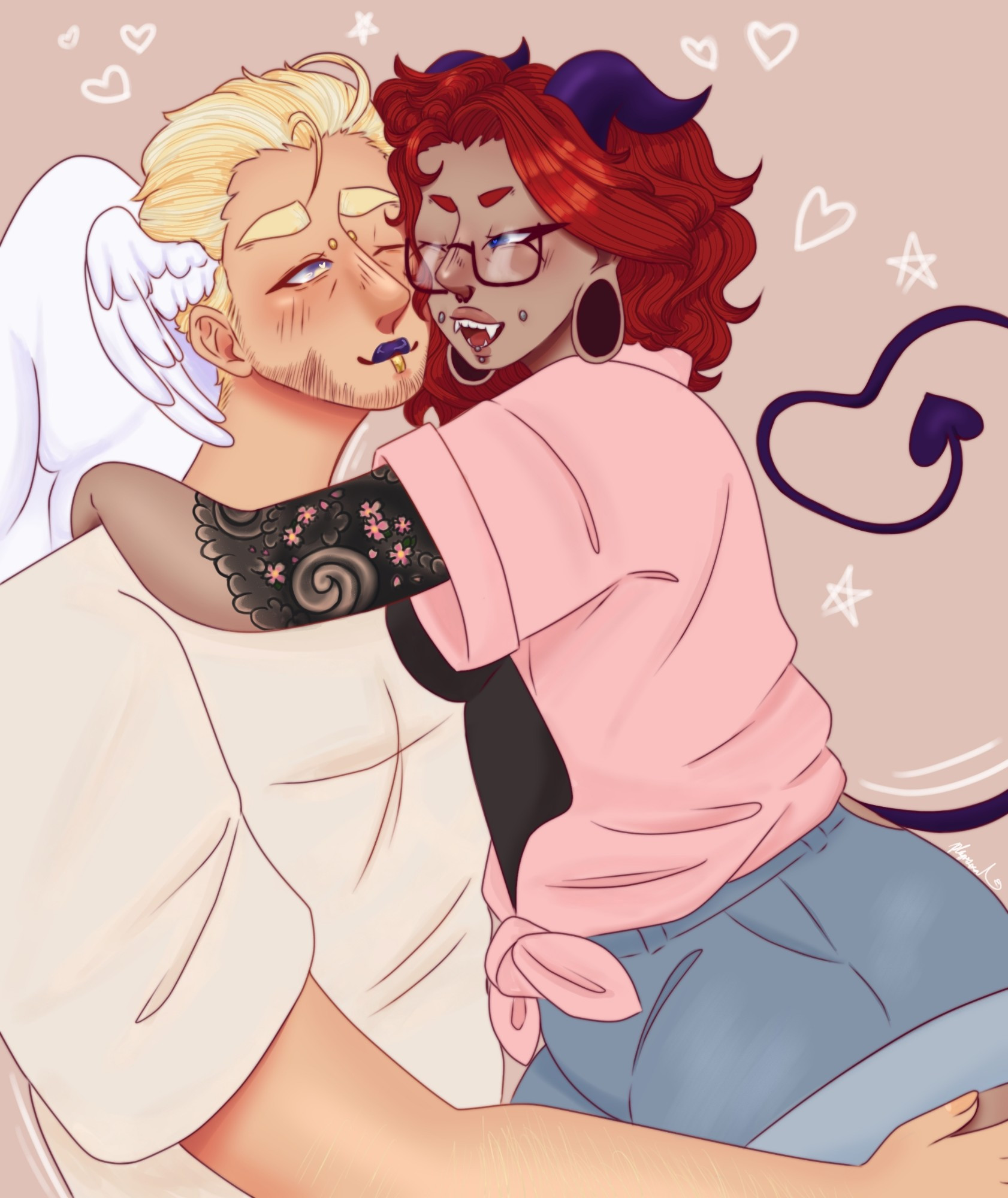 A digital drawing of two people hugging. Jun, on the right, is a red haired demon with purple horns and tail. She is wearing a pink shirt with denim shorts. On the left is Louise, Jun's husband. He is an angel with blonde, short hair. He has large wings on his back and a smaller pair above his ears. He is wearing a cream coloured, plain tee. The pairs faces are squished together and they are smiling at each other.