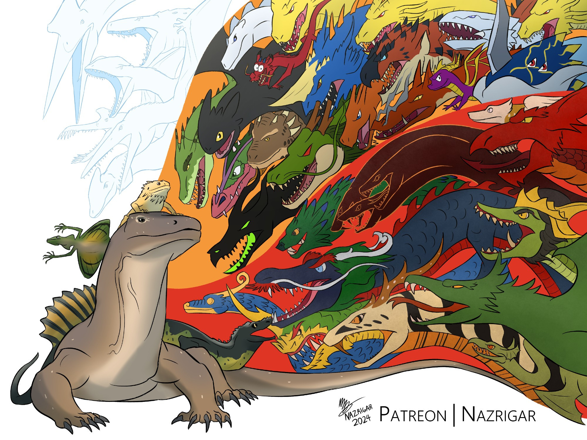 An image depicting the dragons of mythology and pop culture.
From the front are the modern animals: Komodo Dragon, Beared Dragon, Common Flying Dragon, and the Sailfin Dragon. At the very back are extinct animals named after dragons, like Guanlong and Quetzalcoatlus