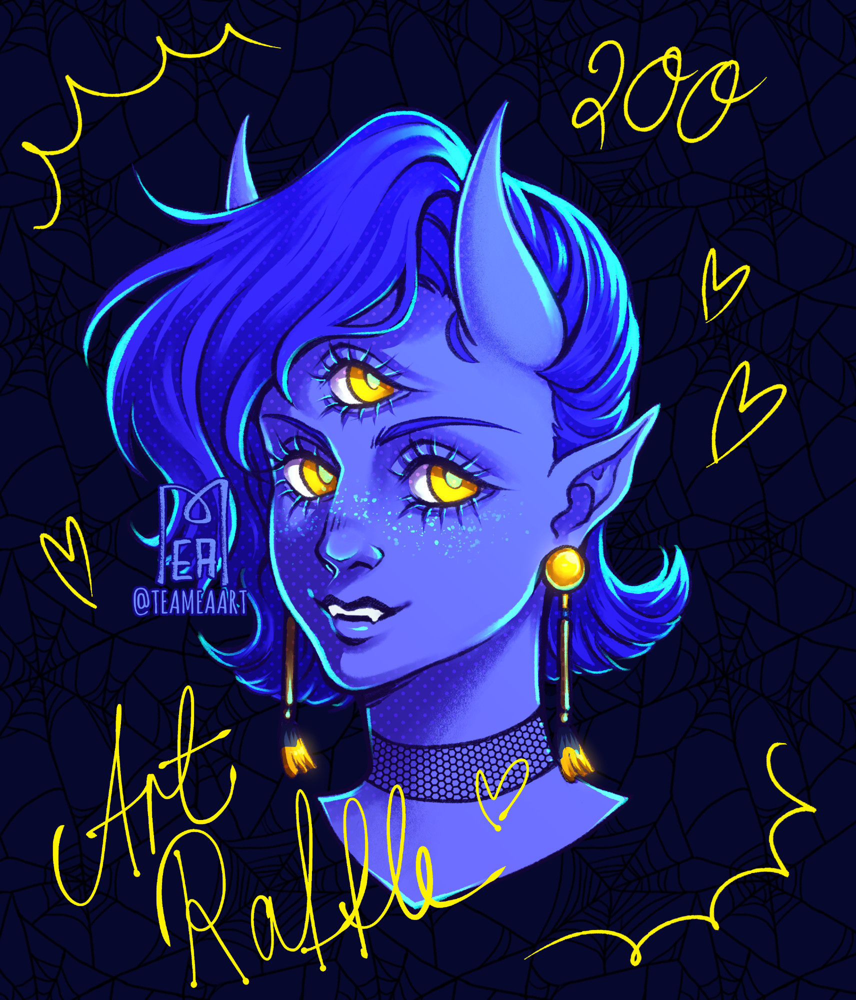 A drawn portrait of a demon girl with 3 eyes. The text says: Art Raffle