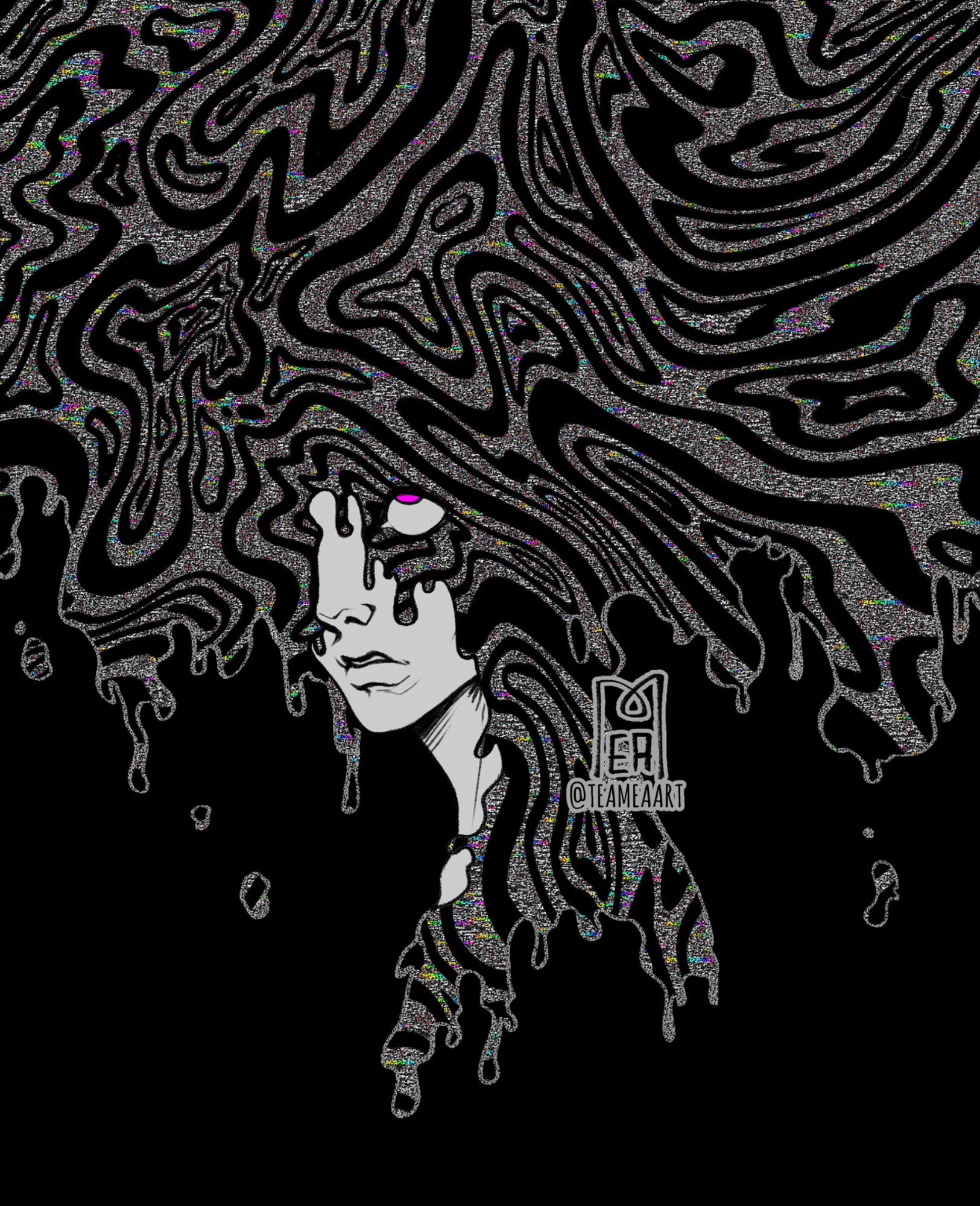 Drawn depiction of dizziness. A face disappears in a dripping, distorted liquid, that creates static noise. The eyeball of the face is rolling back into the head.