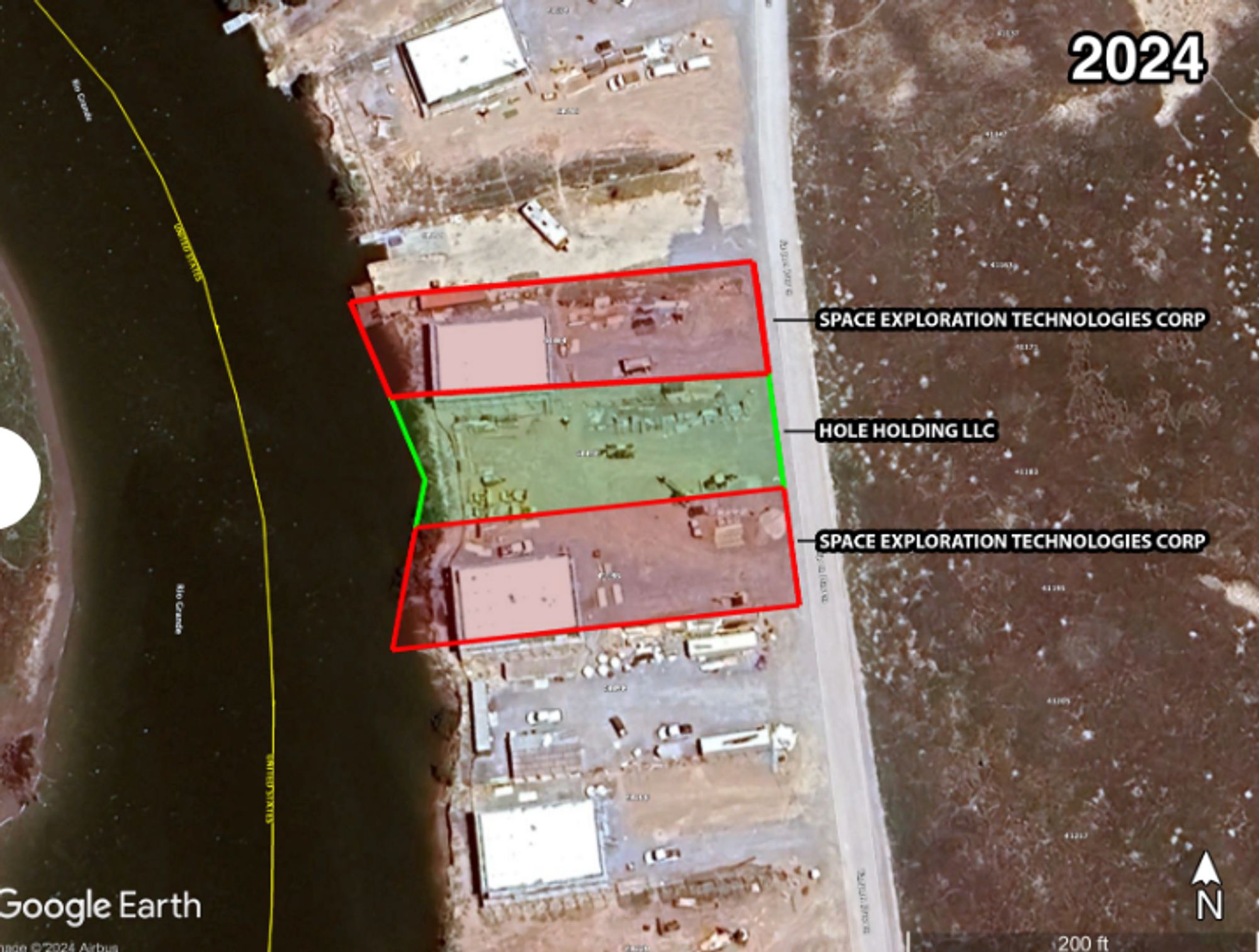 satellite photo of the same property, SpaceX has cut down all vegetation and used it for equipment storage and construction like it is part of their adjoining parcels