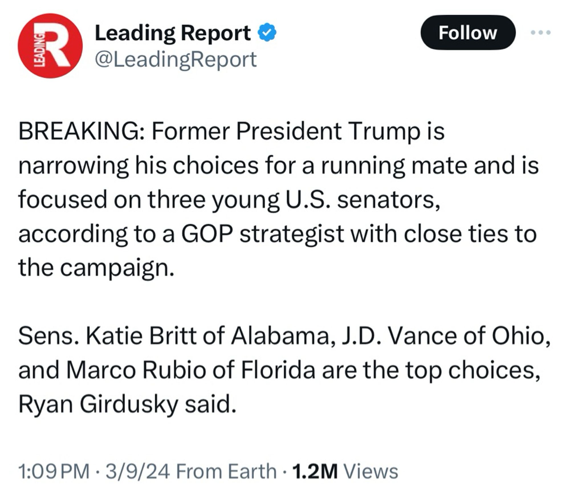 screenshot of a tweet claiming that Trump has narrowed his VP choices down to Katie Britt, Marco Rubio, and JD Vance