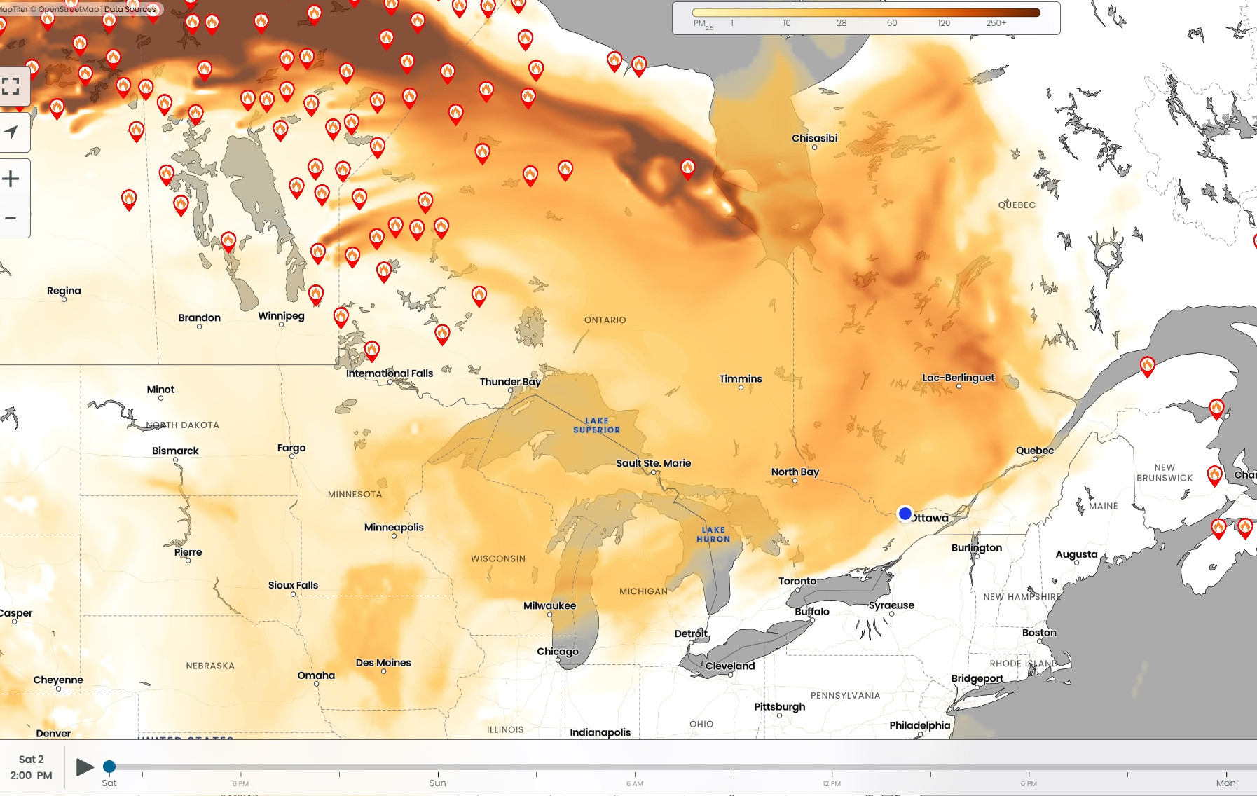 Detail of a screenshot of a fire smoke map showing a wave of smoke covering Ontario and heading towards Ottawa.