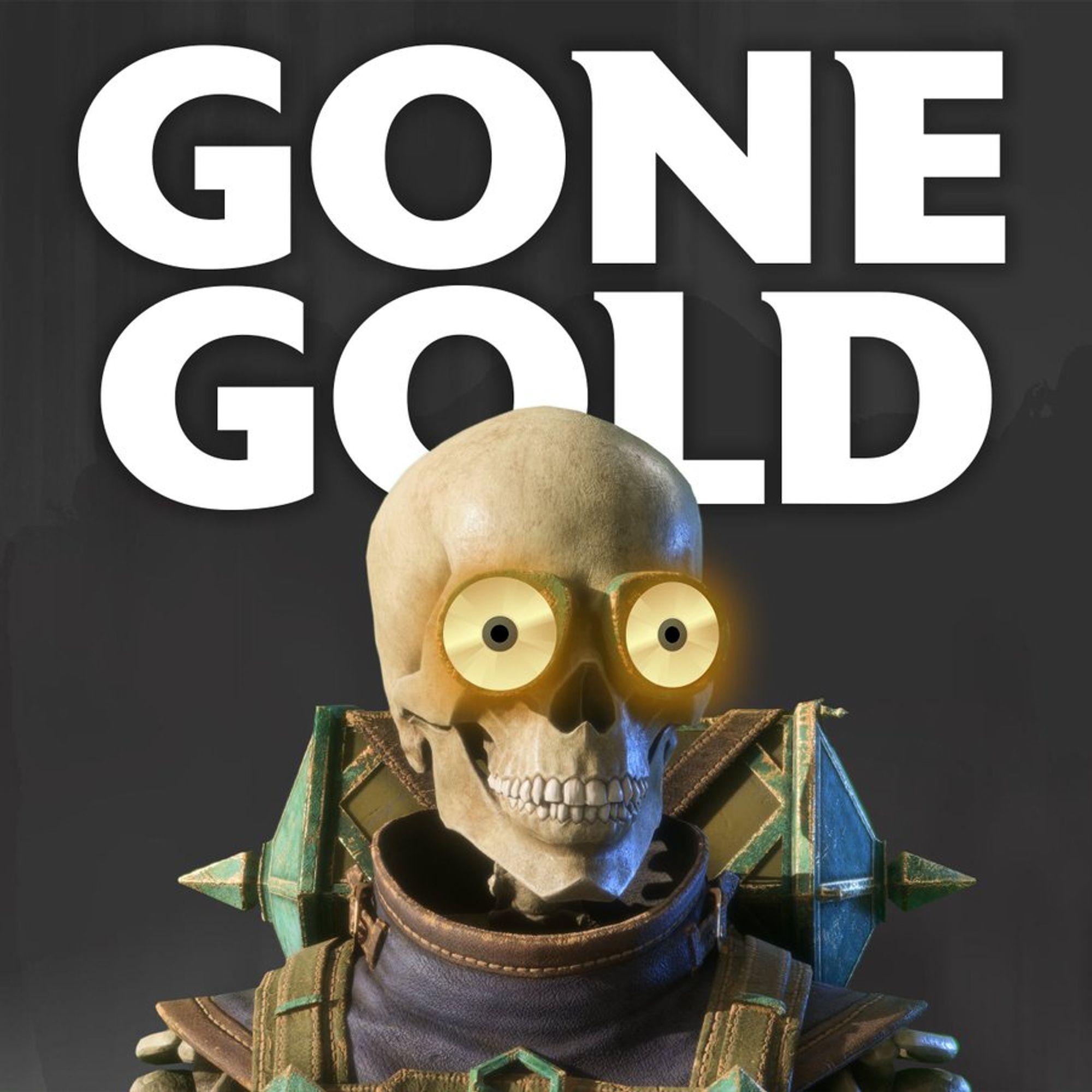 An image of the skeletal character Manfred from Dragon Age: The Veilguard. In place of his usual green crystal goggles are two golden discs. 

In large print, the words "GONE GOLD" appear above his head.