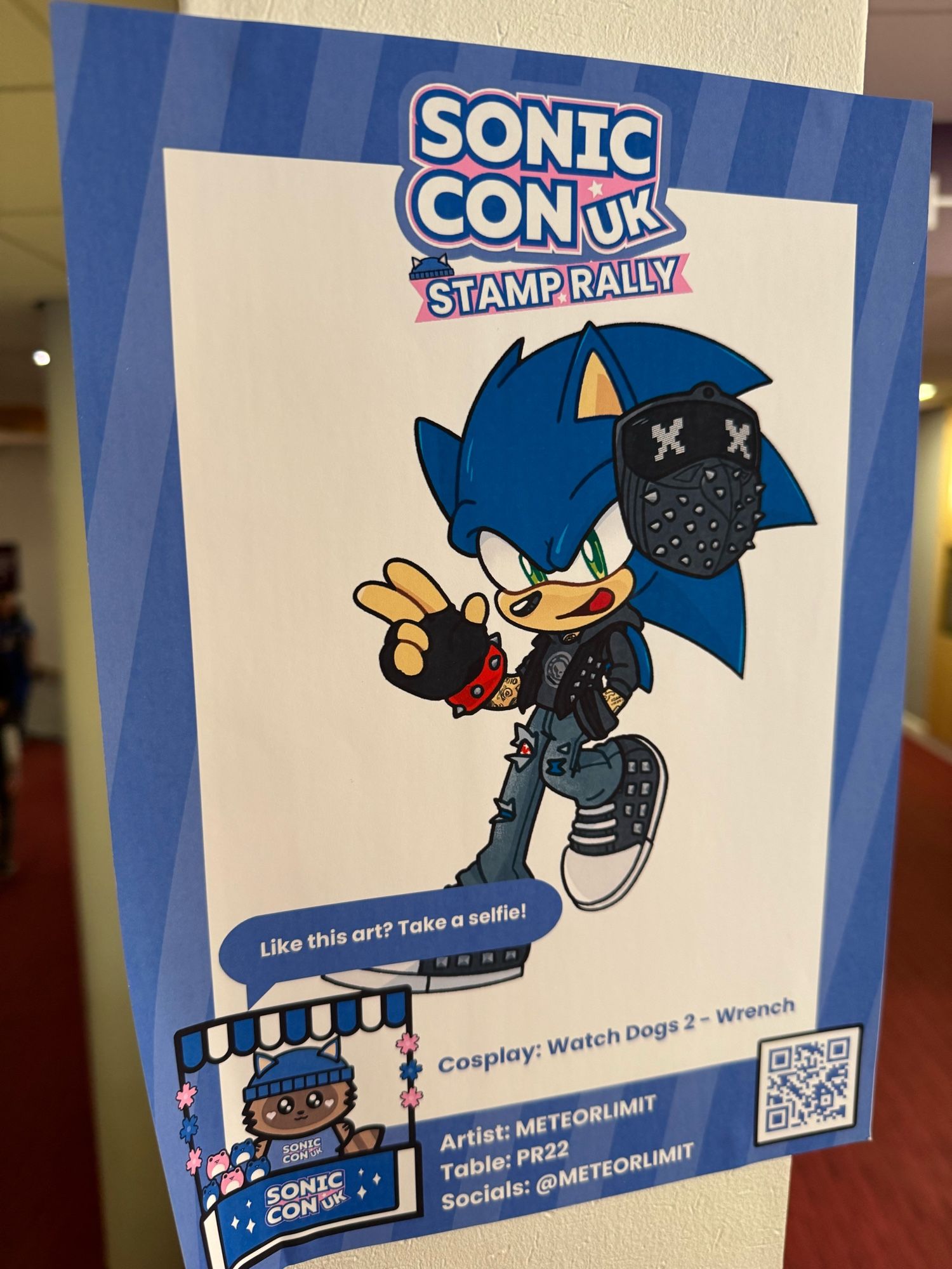 a photo of a poster, showing sonic (an anthro blue hedgehog) dressed in a cyber outfit, inspired by wrench from watch dogs 2