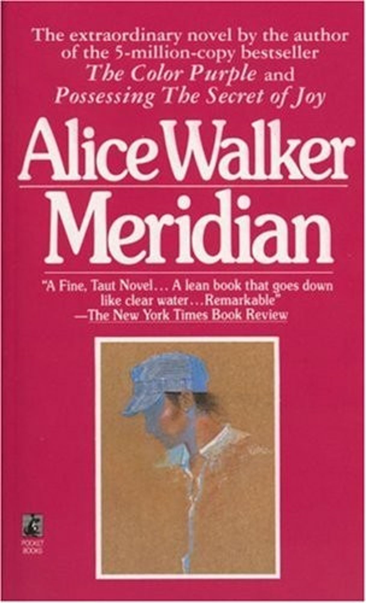 Book cover: Alice Walker, Meridian. Red background, with a small painting of a Black figure with a cap and shirt.