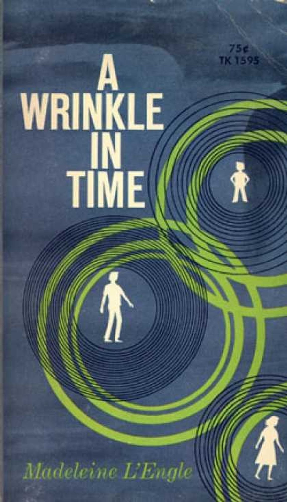 Book cover: A Wrinkle in Time. With a blue background, three white silhouettes with circles around them.