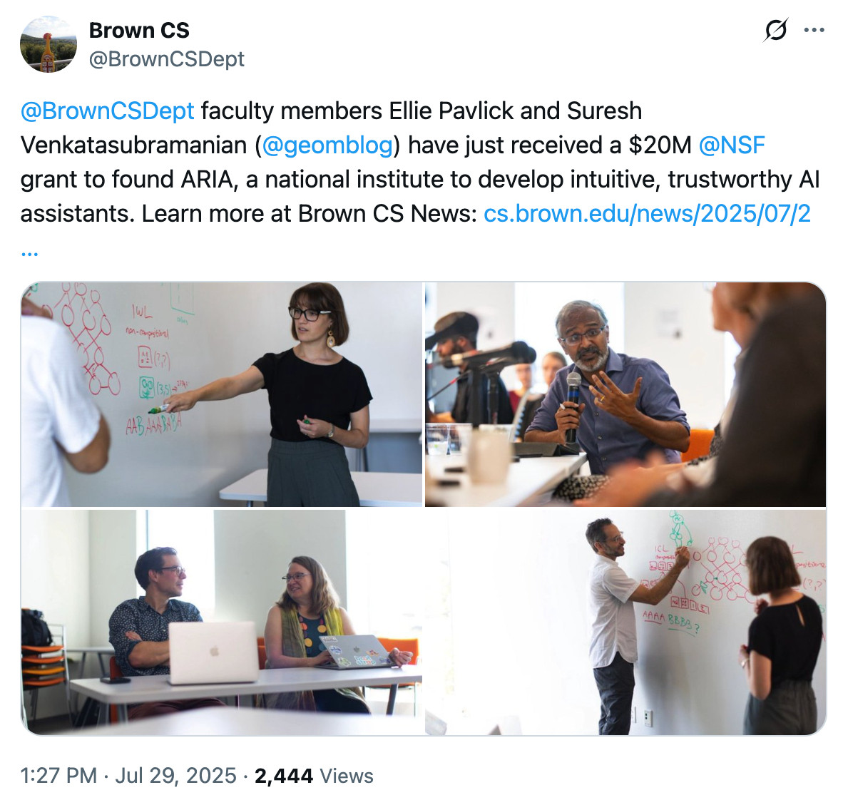
Brown CS
@BrownCSDept
@BrownCSDept
 faculty members Ellie Pavlick and Suresh Venkatasubramanian (
@geomblog
) have just received a $20M 
@NSF
 grant to found ARIA, a national institute to develop intuitive, trustworthy AI assistants. Learn more at Brown CS News: https://cs.brown.edu/news/2025/07/2