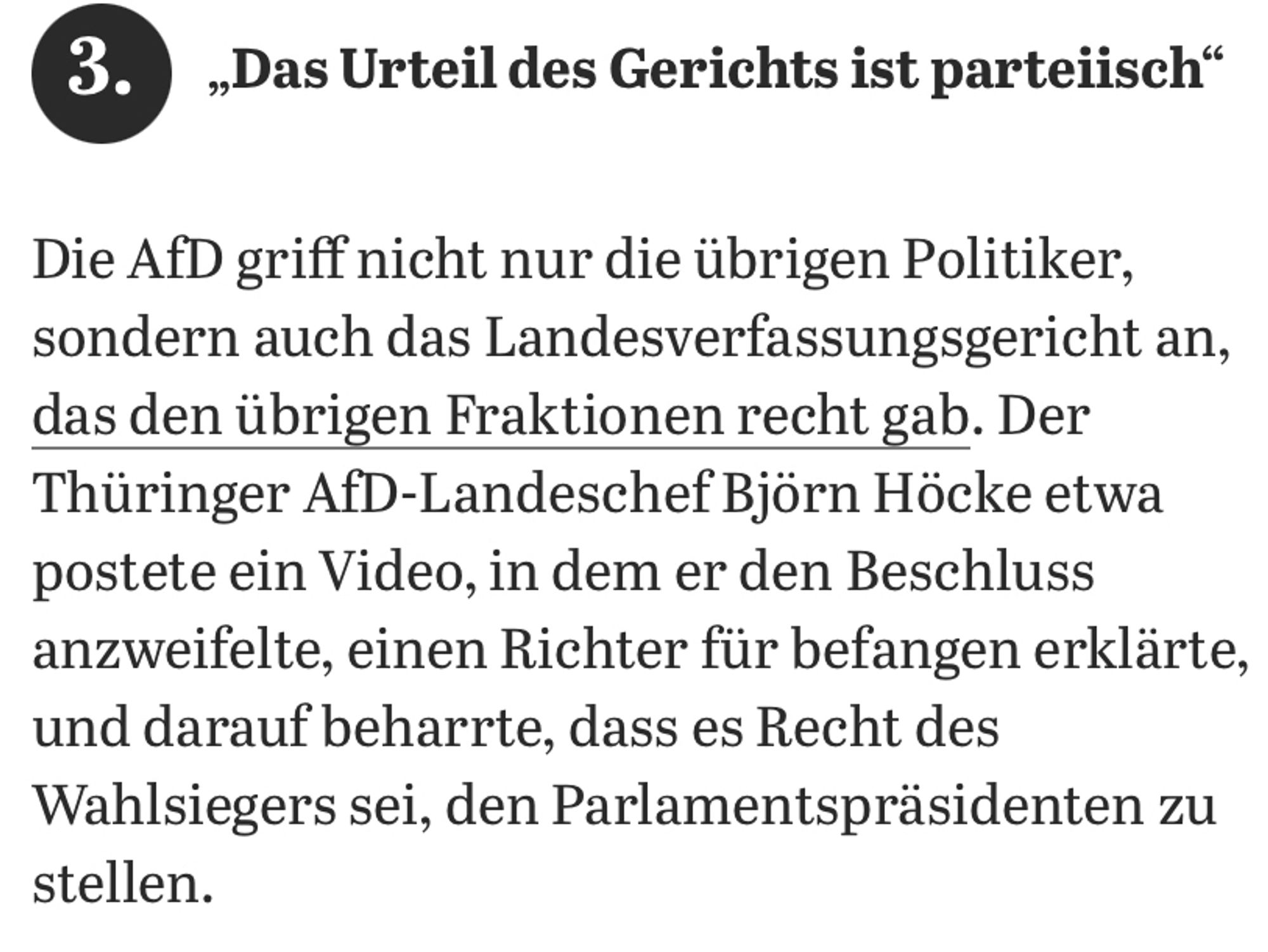 3
„Das Urteil des Gerichts ist parteisch"
Die AfD griff nicht nur die übrigen Politiker, sondern auch das Landesverfassungsgericht an, das den übrigen Fraktionen recht gab. Der Thüringer AfD-Landeschef Björn Höcke etwa postete ein Video, in dem er den Beschluss anzweifelte, einen Richter für befangen erklärte, und darauf beharrte, dass es Recht des Wahlsiegers sei, den Parlamentspräsidenten zu stellen.