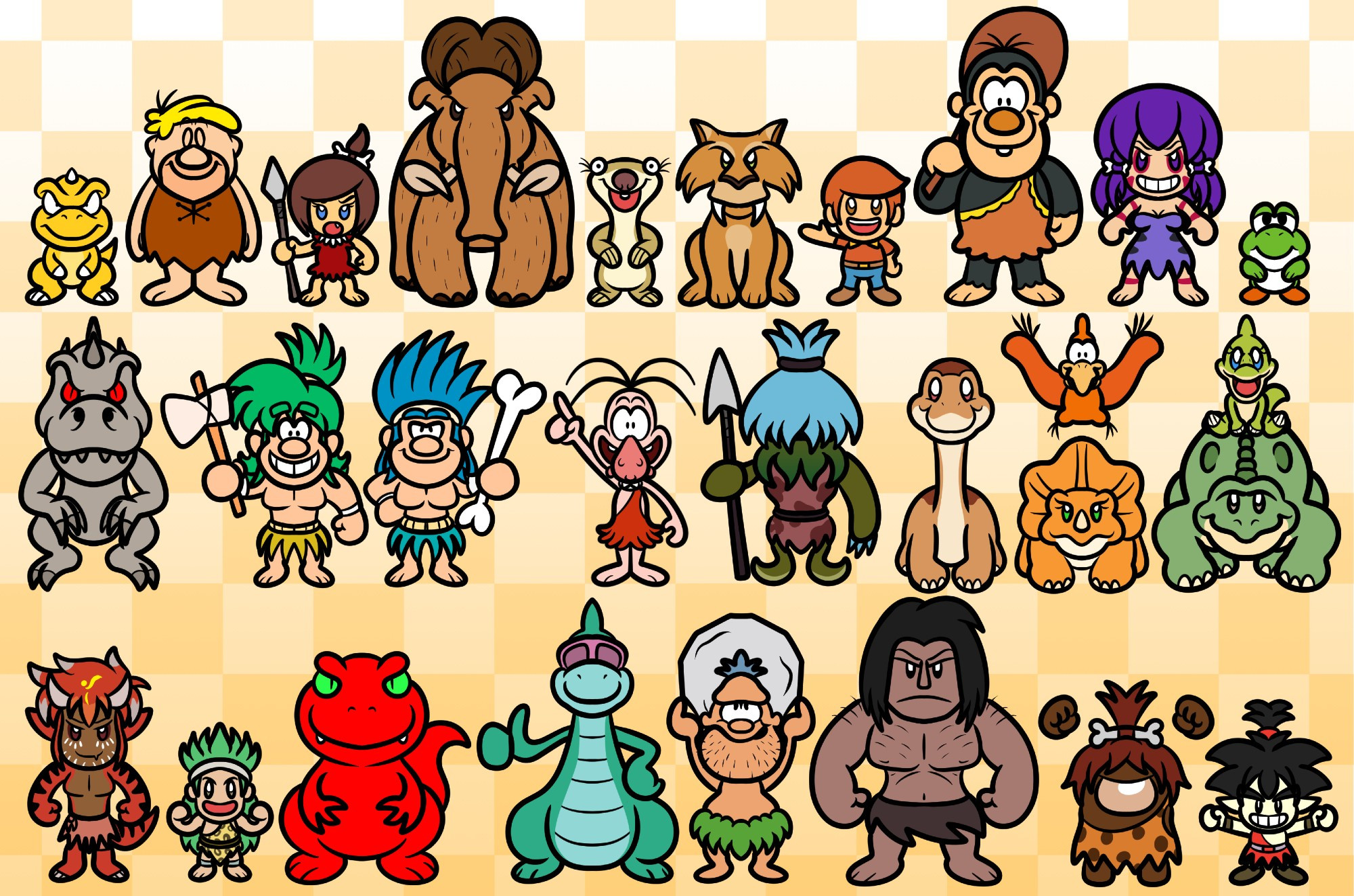 ROW 1: Gon, Barney Rubble, Tribal Colleen, Manny, Sid, Diego, Mampato, Ogu, Tribal Leilanie, Baby Yoshi

ROW 2: Indominus Rex, Joe, Mac, Ughbert Einstone, Tribal Weresquid, Littlefoot, Cera, Petrie, Ducky, Spike

ROW 3: Buck, Pogo, Grarrl, Denver, Chuck Rock, Spear, Neandasus, Flint