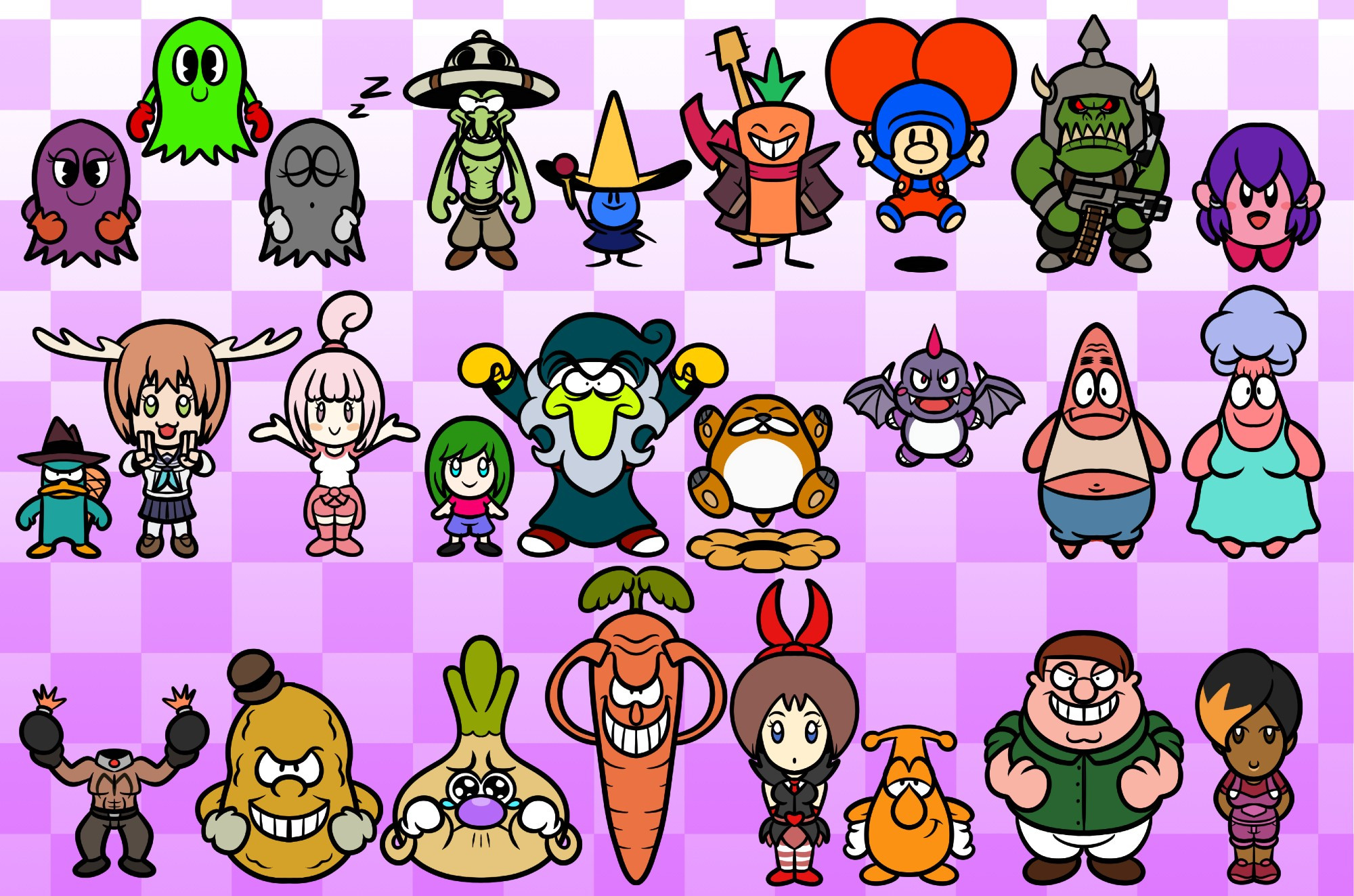 ROW 1: Sue, Funky, Spunky, Livingstone, Nabiu, Karoto, Balloon Fighter, Shoota Boyz, Leilanie Kirby

ROW 2: Perry the Platypus, Shikanoko Noko, Human Steph, Kid Riley, The Wizard, Monty Mole, Develon, Marty, Janet

ROW 3: Headless Kamikaze, Sal Spudder, Ollie Bulb, Chauncey Chantenay, River, Retep, Overalls Mona