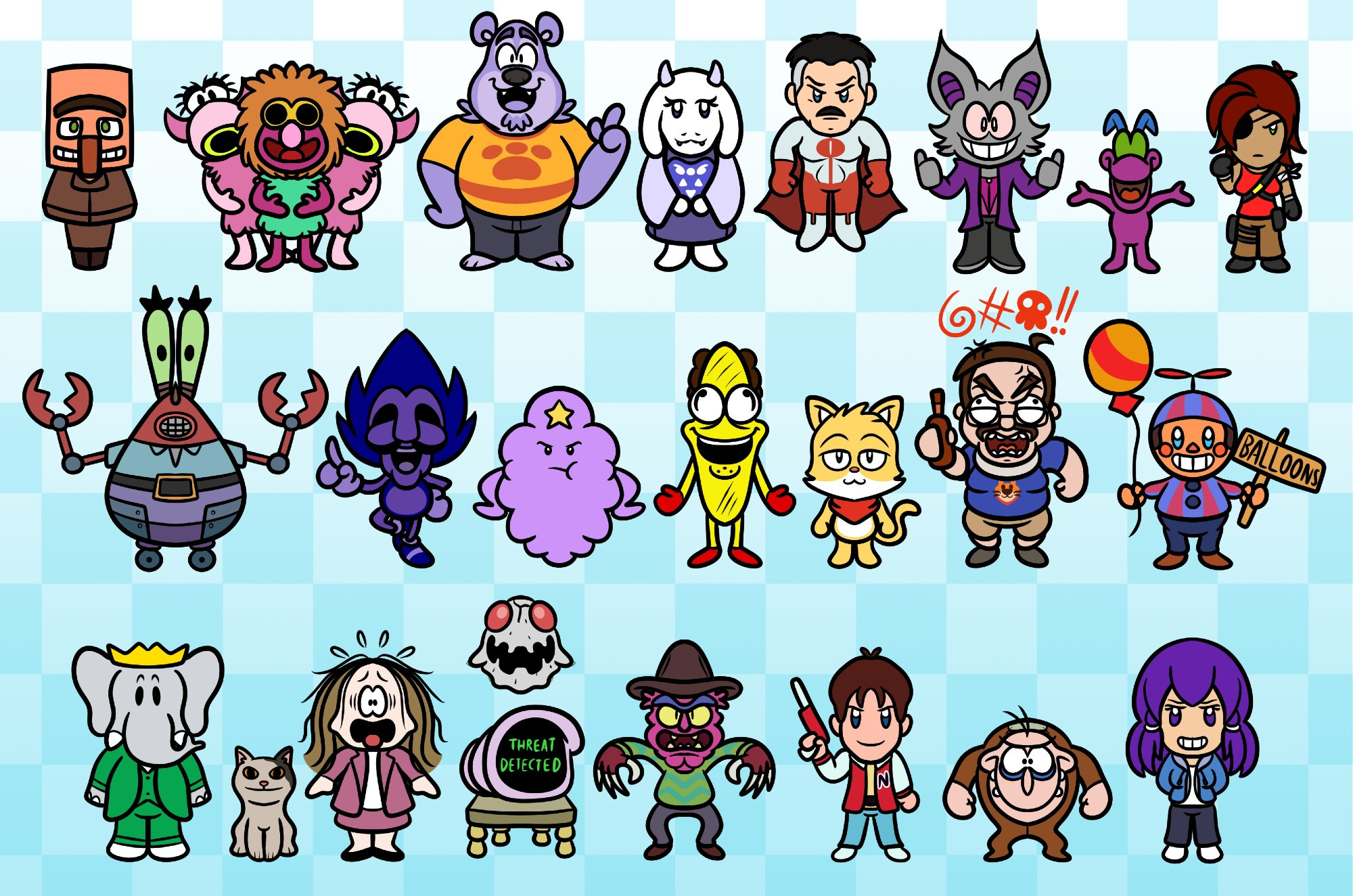 ROW 1: The Villager, Muhna Muhna, Code, Toriel, Omni-Man, Gang, Flux, Astral Hound

ROW 2: Robot Krabs, Majin Sonic, Lumpy Space Princess, Taco-Man, Coppersan, Tourettes Guy, Balloon Boy

ROW 3: Babar, Beluga, Cathy, Baron Von Blubba, Security System 5000, Captain N, Igor, Sans Leilanie