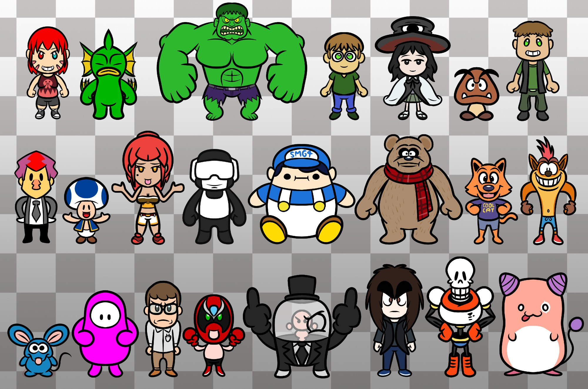 ROW 1: Painter, Fish, Hulk, Nikolai, Tsubakura Enraku, Goomba, KURT

ROW 2: Khonjin, Toad, Kamora Upchurch, Tankman, BEEG, Gooby, Cool Cat, Crash Bandicoot

ROW 3: Crisprat, Fall Guy, Angry Video GAme Nerd, Strong Bad, Dr. Fetus, Nathaniel Munoz Darkenson, Papyrus, Pink Bean