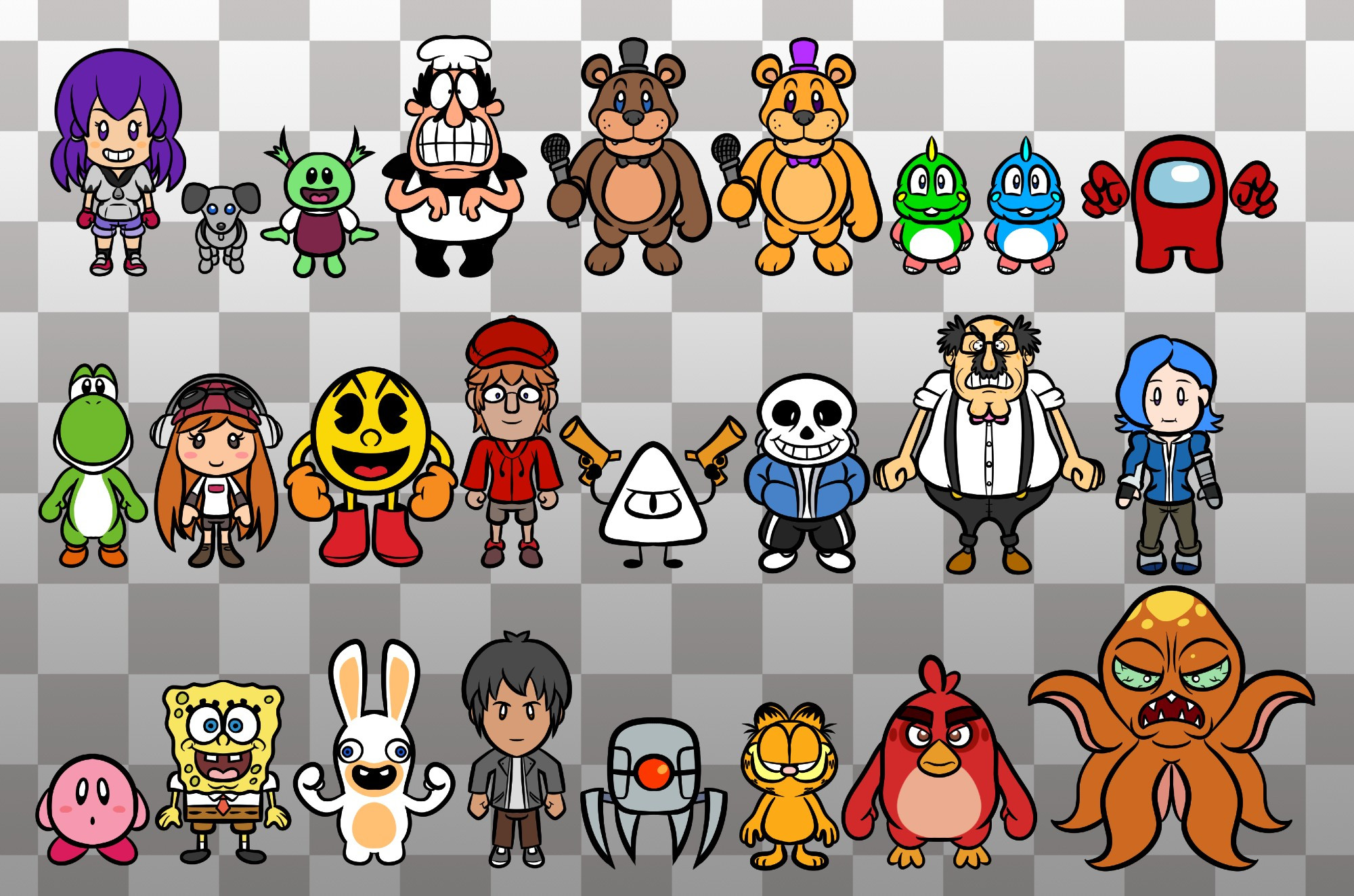 ROW 1: Leilanie Somanaga, Lightning, Peppino, Freddy Fazbear, Fredbear, Bub, Bob, Crewmate/Imposter

ROW 2: Yoshi, Meggy Spletzer, PAC-MAN, Birdword, Yung Venuz, Sans, Milton Fludgecow, Tari

ROW 3: Kirby, Spongebob Squarepants, Rabbid, Ethan Corbain, Robot, Garfield, Red, Octogeddon