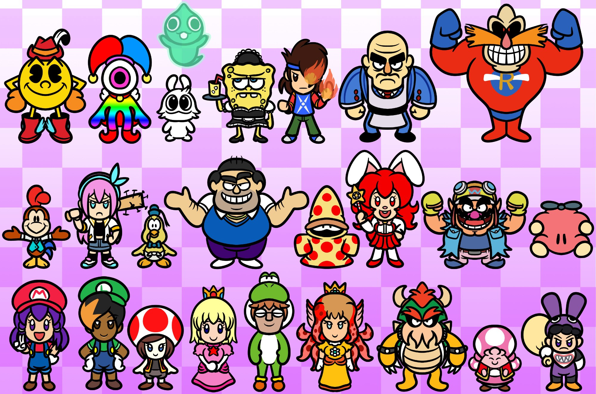 ROW 1: Pac-Man (Pac-Land look), Oscar, Bip, Ghostly, Maid Spongebob, Zeneth, Mafia of Cooks, Super Robotnik

ROW 2: Chucky Chicken, Aubrey, Maurice, Jimmy Falcone, Pizzard, Dayna, Wario (WarioWare Inc.) Pulpul

ROW 3: Leilanie as Mario, Mona as Luigi, Colleen as Toad, Kyle as Peach, Birdword as Yoshi, Julie as Daisy, Weresquid as Bowser, Steph as Toadette, Erikan as Nabbit