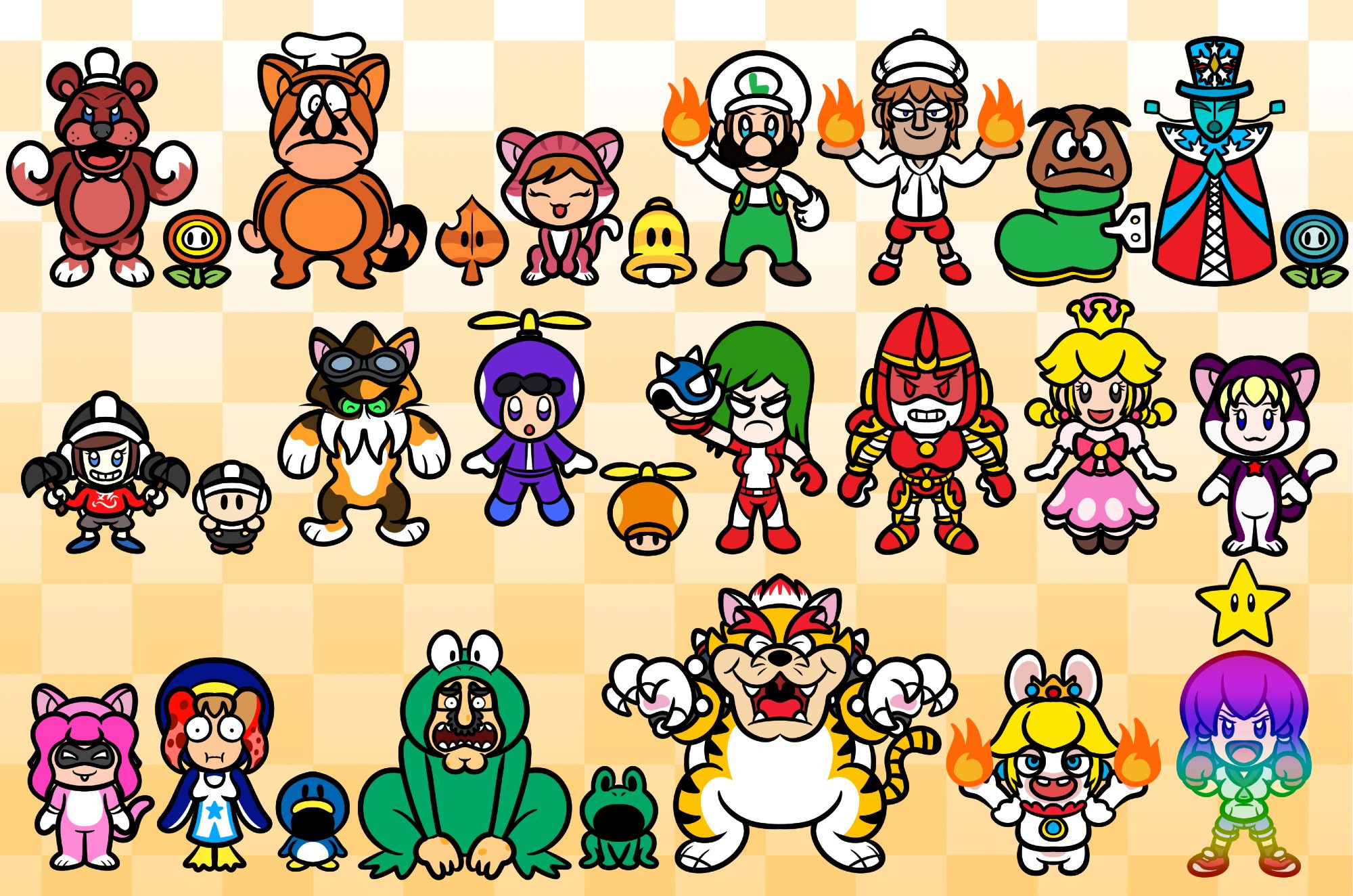 ROW 1: Fire Freddy, Fire Flower, Tanooki Peppino, Super Leaf, Cat Meggy, Super Bell, Fire Luigi, Fire Birdword, Goomba Shoe, Ice Halcyona, Ice Flower

ROW 2: Hammer Colleen, Hammer Suit, Cat Weresquid, Propeller Erikan, Propeller Mushroom, Fire Riley, Fire Bluesteel, Peachette, Cat Kyle

ROW 3: Cat Shaila, Penguin Julie, Penguin Suit, Frog Fludgecow, Frog Suit, Meowser, Fire Rabbid Peach, Invincible Leilanie