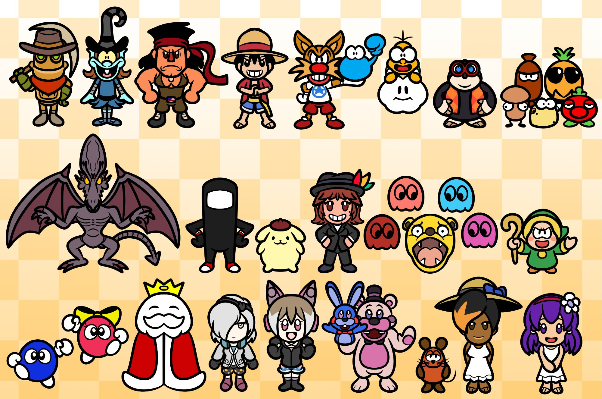 ROW 1: Rusty, Anita the Witch, Rambro, Monkey D. Luffy, Putty and his Friend, Lakitu, Bottles, Toppins

ROW 2: Ridley, CommanderVideo, Pompompurin, Yuki, OH SH-🐐!!, Bonner

ROW 3: Lololo & Lalala, The King of Town, Kell, Hachi, Funtime Freddy, Die Maus, Sundress Mona, Sundress Leilanie