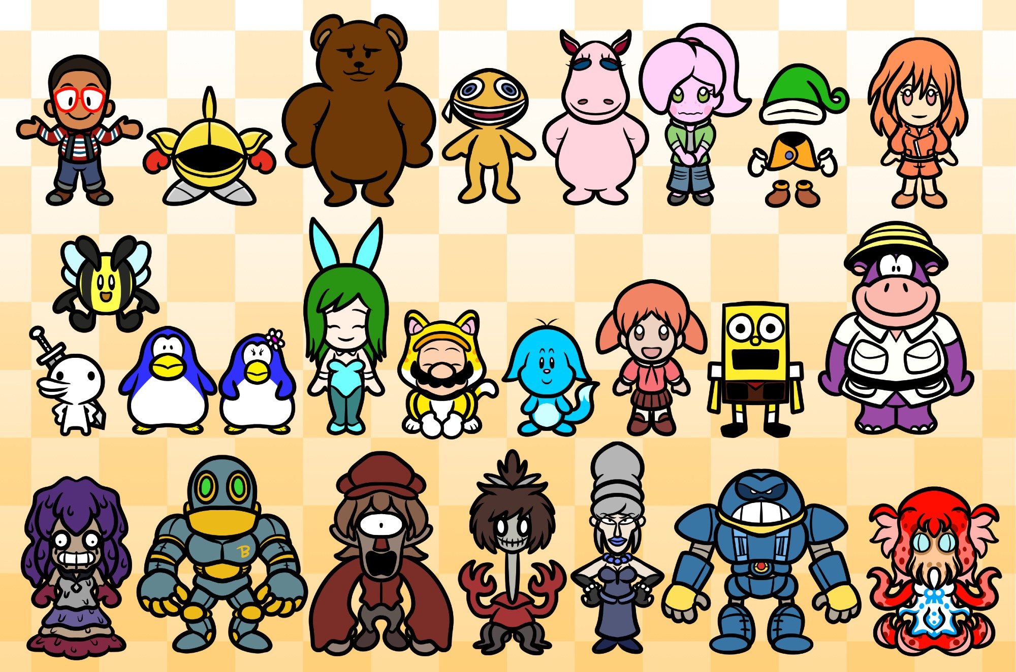 ROW 1: Steve Irkel, Sir Kibble, Bungle, Zippy, George, Eva, Moon Protagonist, Sira

ROW 2: Minit, kenny.png, Mike, Jill, Bunny Riley, Cat Mario, Kacheek, Chiyo Mihama, Pamtri Spongebob, Peter Potamus

ROW 3: Bootleg Leilanie, Blatherbot Foot Soldier, Bootleg Birdword, Bootleg Colleen, Agatha Blackwood, Omicron, Bootleg Julie