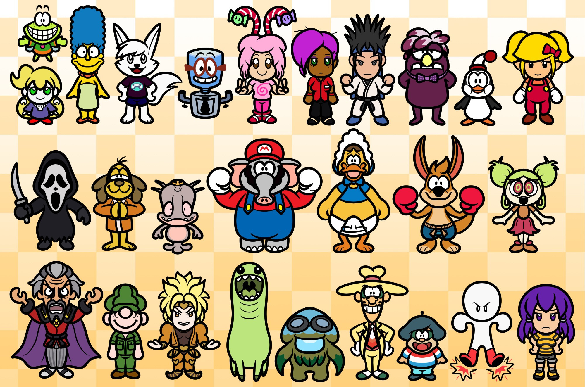 ROW 1: Maple, Murfy, Marge Simpson, Blanky, M. Bubbles, Candy, Tara, Kung Fu Guy, Floofty Fizzlebean, Chilly Willy, sm64rise

ROW 2: Ghostface, Hong Kong Phooey, Munch, Elephant Mario, Baby Huey, Kao, Onion Girl

ROW 3: Dr. Byron Orpheus, Beetle Bailey, Dio Brando, Bunchie, Bootleg Weresquid, Victor, Hugo, Welltaro, Bee Shirt Leilanie