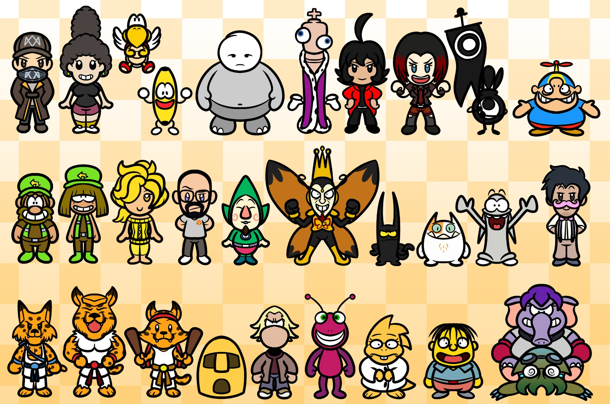 ROW 1: Aiden Pearce, Addie, Koopa Paratroopa, Dancing Banana, Strong Sad, Kinger, Scarlet, Living Dead Girl, Hatapon, Joey

ROW 2: Carter, Carrie, Martha, VSauce Michael, Tingle, The Monarch, Mr. Blik, Gordon Quid, Waffle, Wilford Warfstache

ROW 3: Apollo, Hercules, Aries, Kabu, Ramon, Bugbo, Alphys, Ralph Wiggum, El-Lei-Phant (Elephant Leilanie) and Weresquid