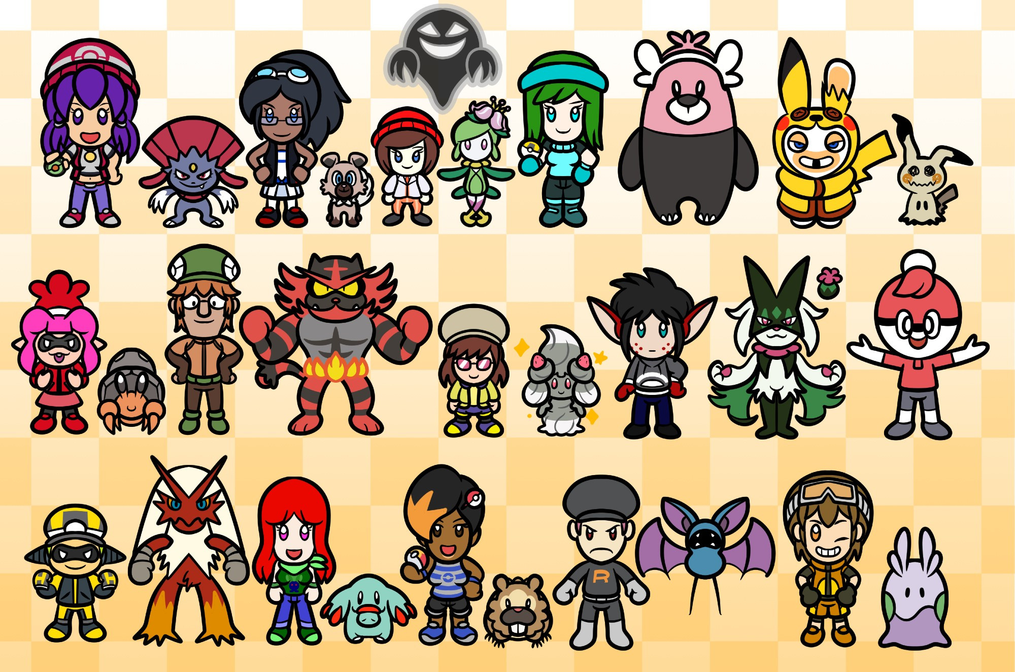 ROW 1: Trainer Leilanie, Weavile, Trainer Yuki(?), Rockruff, Lavender Town Ghost, Trainer Colleen, Hisuian Lilligant, Trainer Riley, Bewear, Pikachu Cultist Rabbid, Mimikyu

ROW 2: Trainer Shalia, Dwebble, Trainer Birdword, Inciniroar, Trainer Mizuho, Shiny Alcremie, Trainer AnarkyReigns, Meowscarada, Ball Guy

ROW 3: Trainer Orion, Blaziken, Trainer Rosie, Phanpy, Trainer Mona, Bidoof, Rocket Grunt, Zubat, Trainer Chase, Goomy