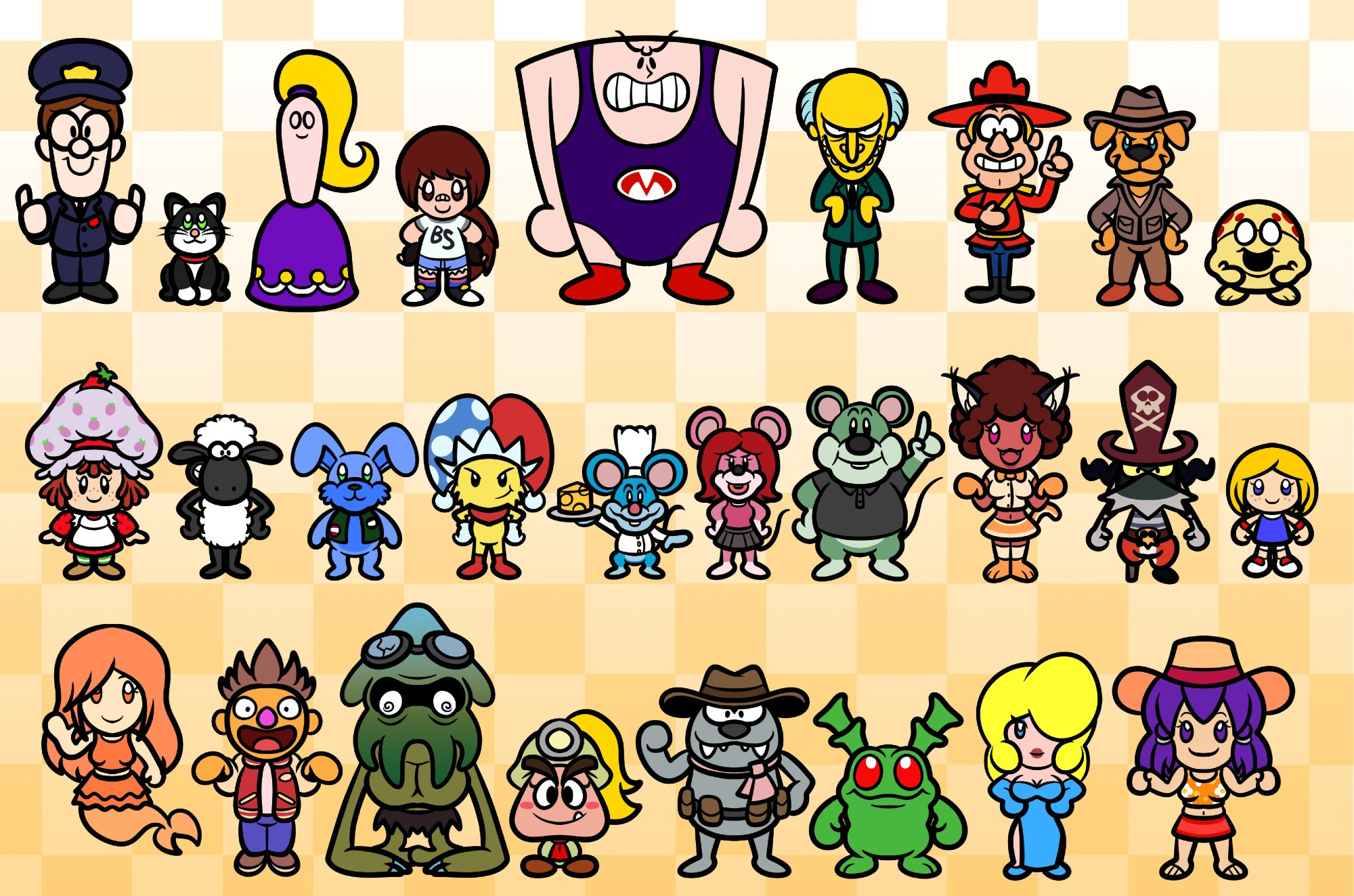 ROW 1: Postman Pat, Jess, Marzipan, Bia, Strong Mad, Mr. Burns, Dudley Do-Right, Dex Dogtective, Greaseball

ROW 2: Strawberry Shortcake, Shawn the Sheep, Baker Ray, Spark, Marcel, Carol, Greg, Afro Neko, Razorbeard, Giana

ROW 3: Mermaid Sira, Norman, Fake Weresquid, Goombella, Elizabert Megafig, Grundo, Viva, Summer Leilanie