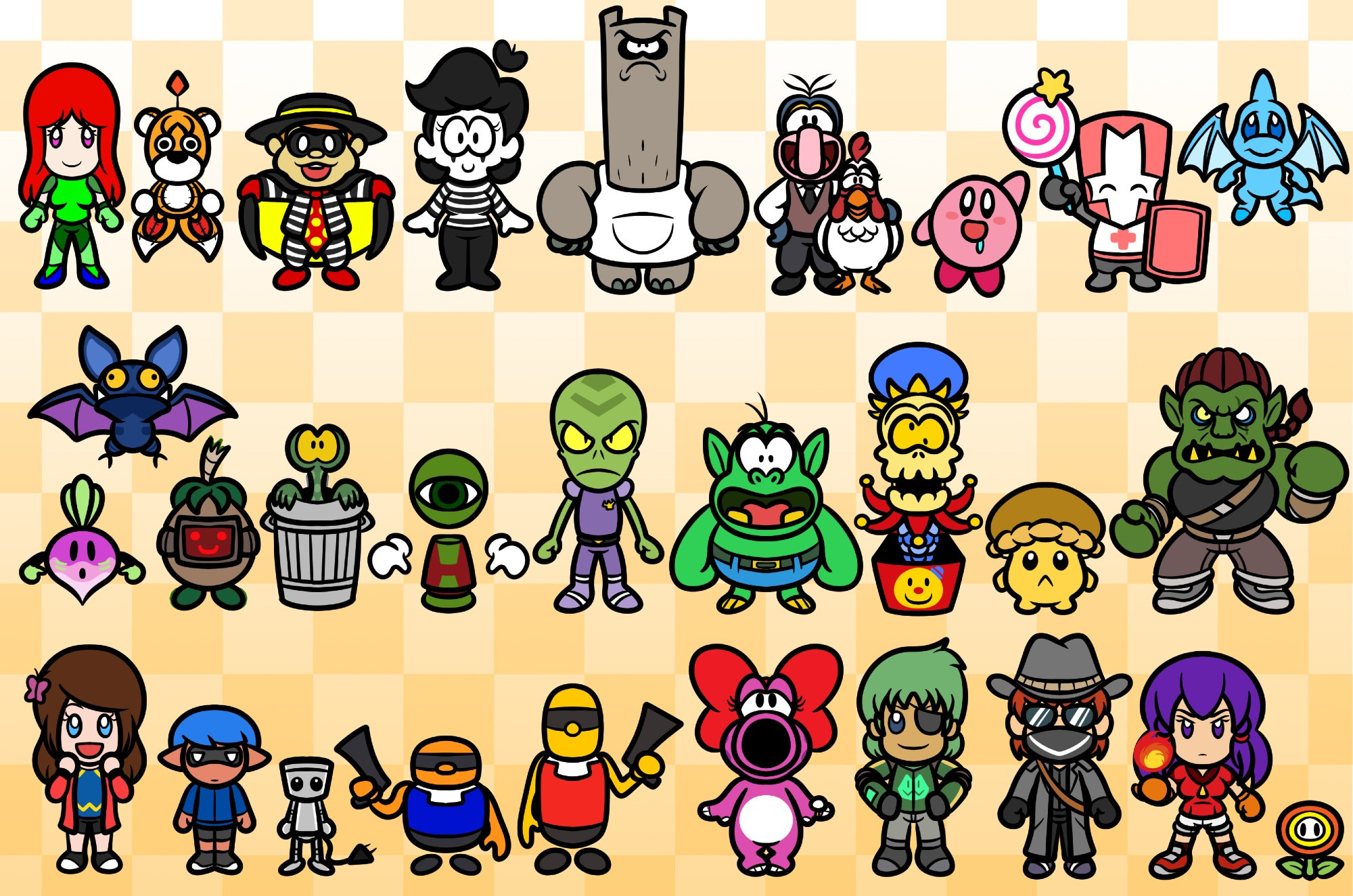 ROW 1: Rosie G. Benimo, Tails Doll, The Hamburgler, Mute, Schtnizel, Gonzo, Camilla, Kirby, Pink Knight, Shoyro

ROW 2: Turnitpik, Bat, Coco-Boom, Trash Peeper, Chess Pawn, Galvatoid Trooper, Grunkler, Jack-In-The-Box, Brown Mushroom, Gorelock Skullcrusher

ROW 3: Eilleen, Jack, Chibi-Robo, Mobo, Robo, Birdo, Ashton Gatozen, Dr. Y, Fire Leilanie