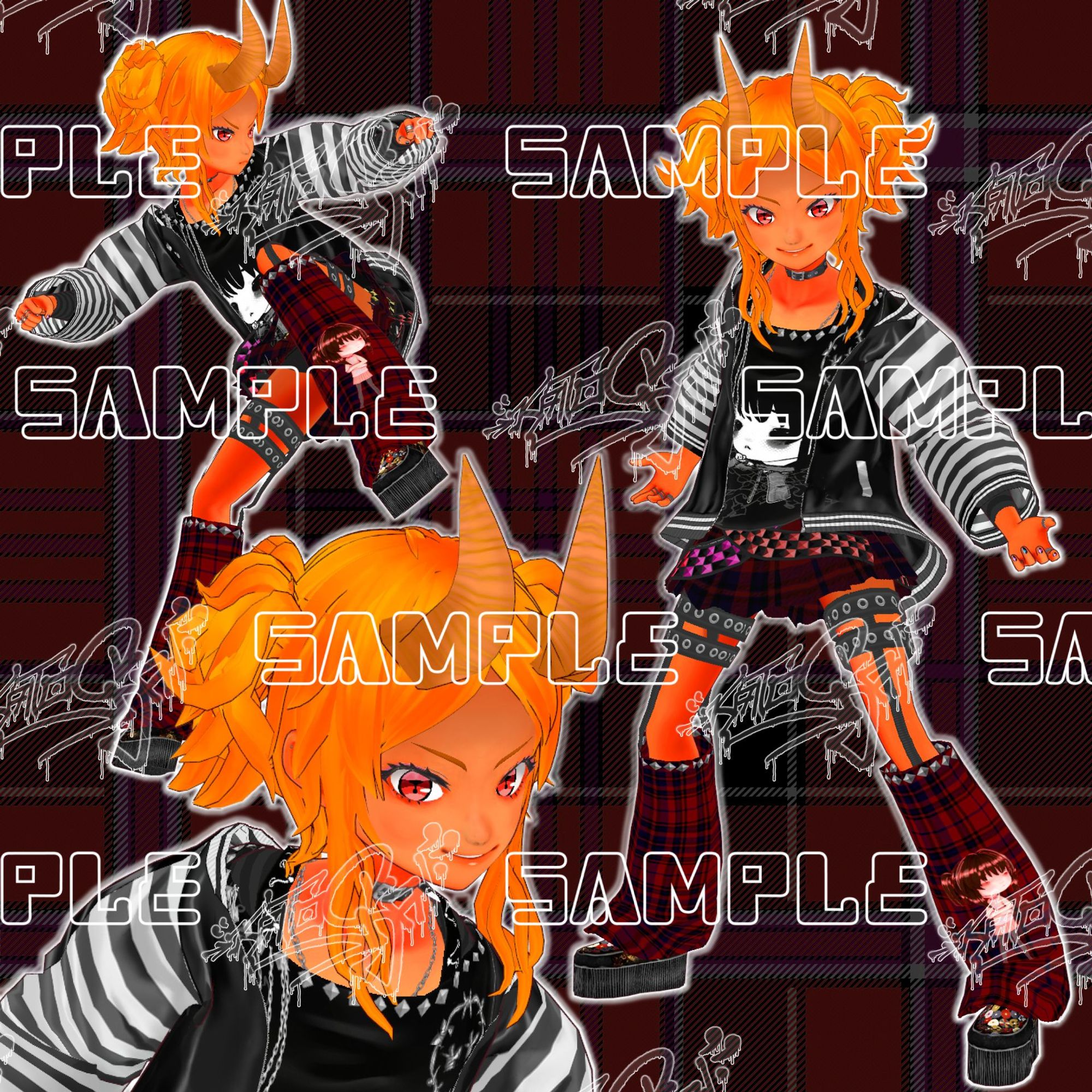 square image with sample text and logo watermarks all over of my OC Mari shown 3 times. She is a Oni giel with orange skin, hair and horns and red eyes. She is wearing my Emo Outfit consisting of Creeper SHoes, Red Plaid leg warmers pulled up to black double garters with circular rivets, a matching red plaid uniform skirt covered in 3 oversized 3-row pyramid studs belt. She is wearing a blac lose cut longsleeve with anime girl monochrome inverted silhouette print with more pyramid studs and a matchign choker topped with a black and white jacket with black white striped sleeves.

1 mari is in the top left corner on one leg about to sidekick with the other leg.
another mari is at the bottom left of a portrait close up with a daring ready to fight expression (she smiles but her eyes look mean)
the 3rd mari is a full body front view on the right side with her in a provocative stance signaling "come at me" with the same smug expression i just described