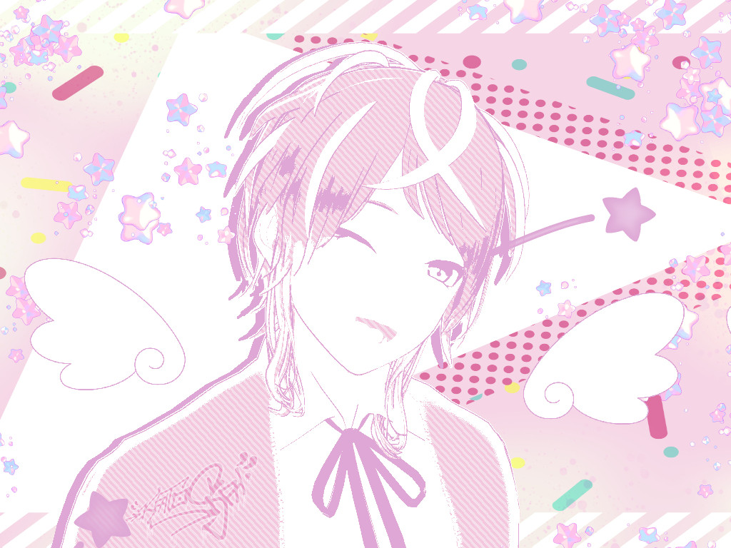 a pink and cute image of ramuda amemura from hypnosis microphone.
technically its a edited photo of a 3d model in the making, ramudas brooch is missing.
the image is stylized and white and pink mostly with a pop style pink background, decorated with glitter, stars and pop decor.
at the center is a pink-white halftone ramuda in portrait view winking at the viewer. simple flat stylized angel wing stamps are added behind his shoulders.