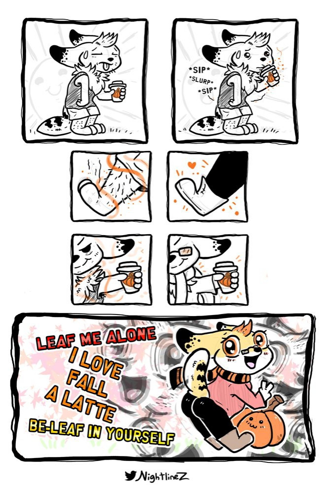 Old silly comic of my fursona going white gurl mode over pumpkin