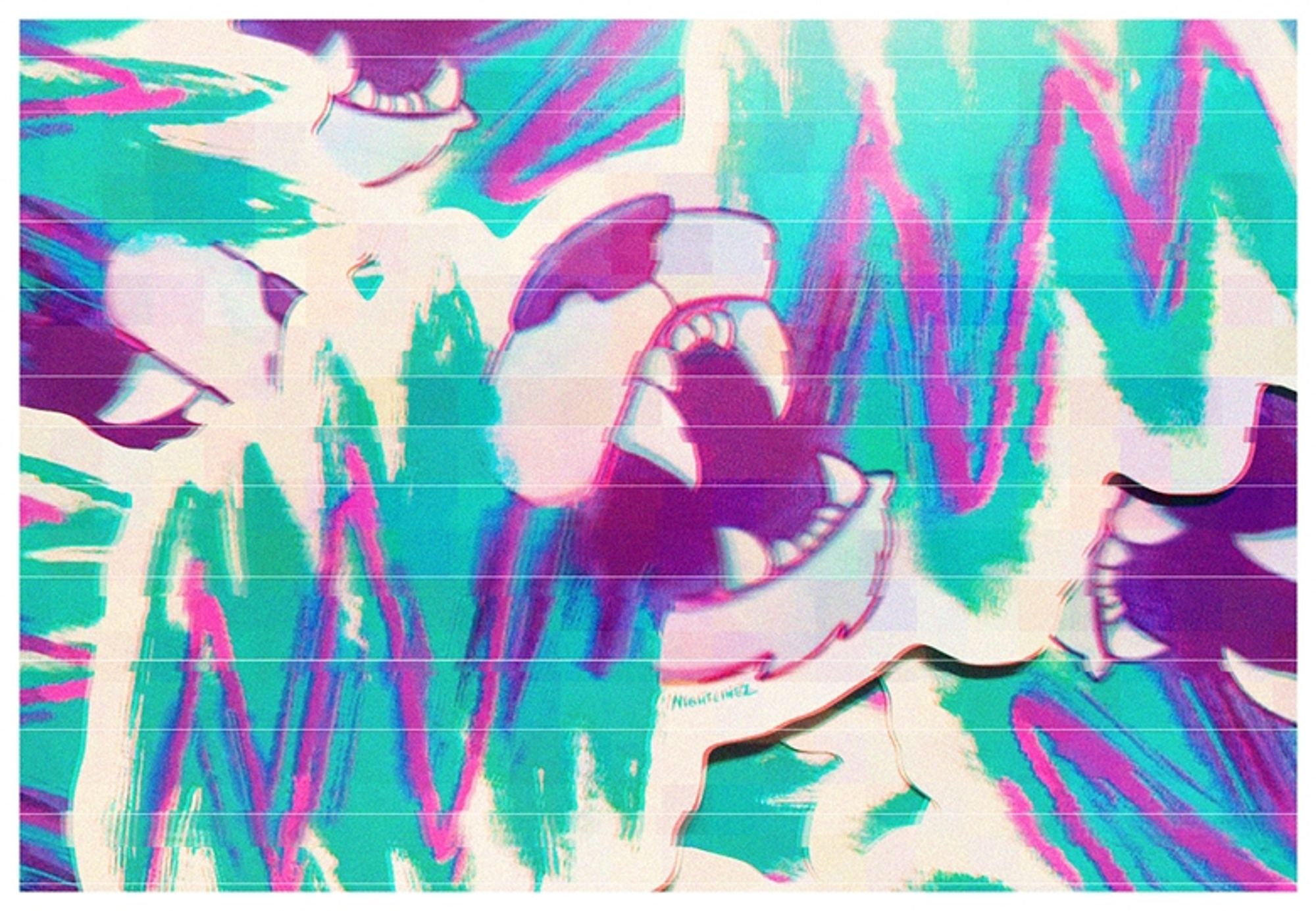 Jazz chomp bumper stickers with a glitch effect.