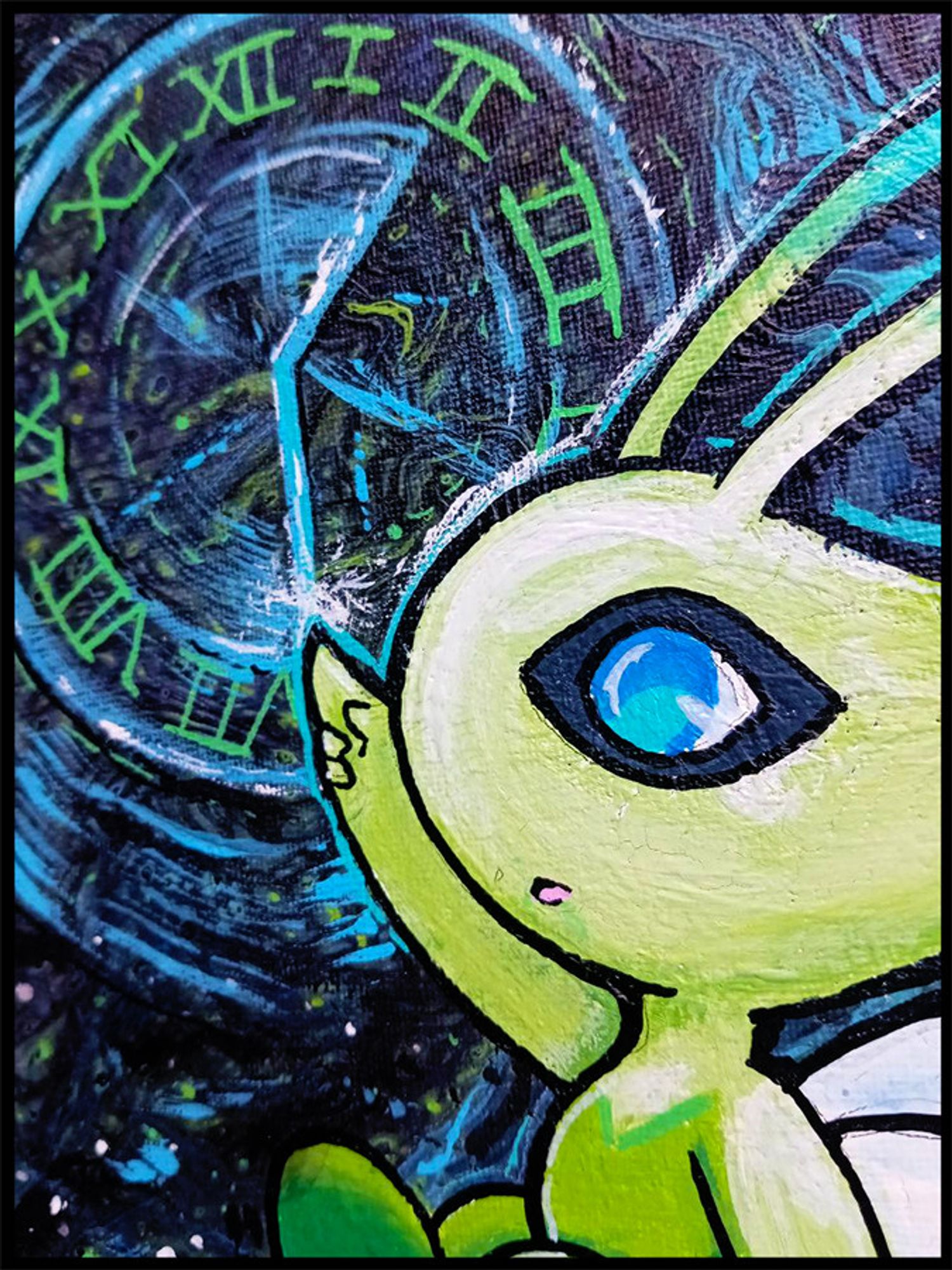 Close up of a Celebi painting on Canvas