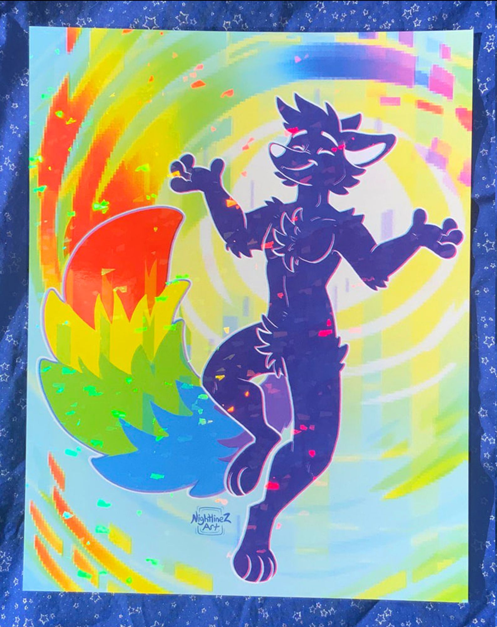 holographic print of an anthro fox with a rainbow glitchy tail