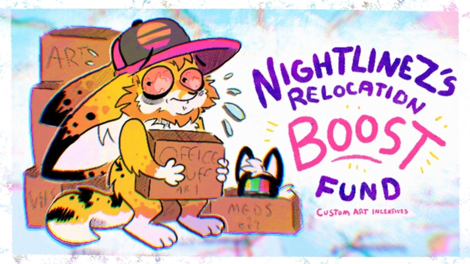 Yellow anthro fennec with a big pink and black hat holding moving boxes looking stressed. Text says NightlineZ's Relocation BOOST Fund. (Custom Art Incentives)