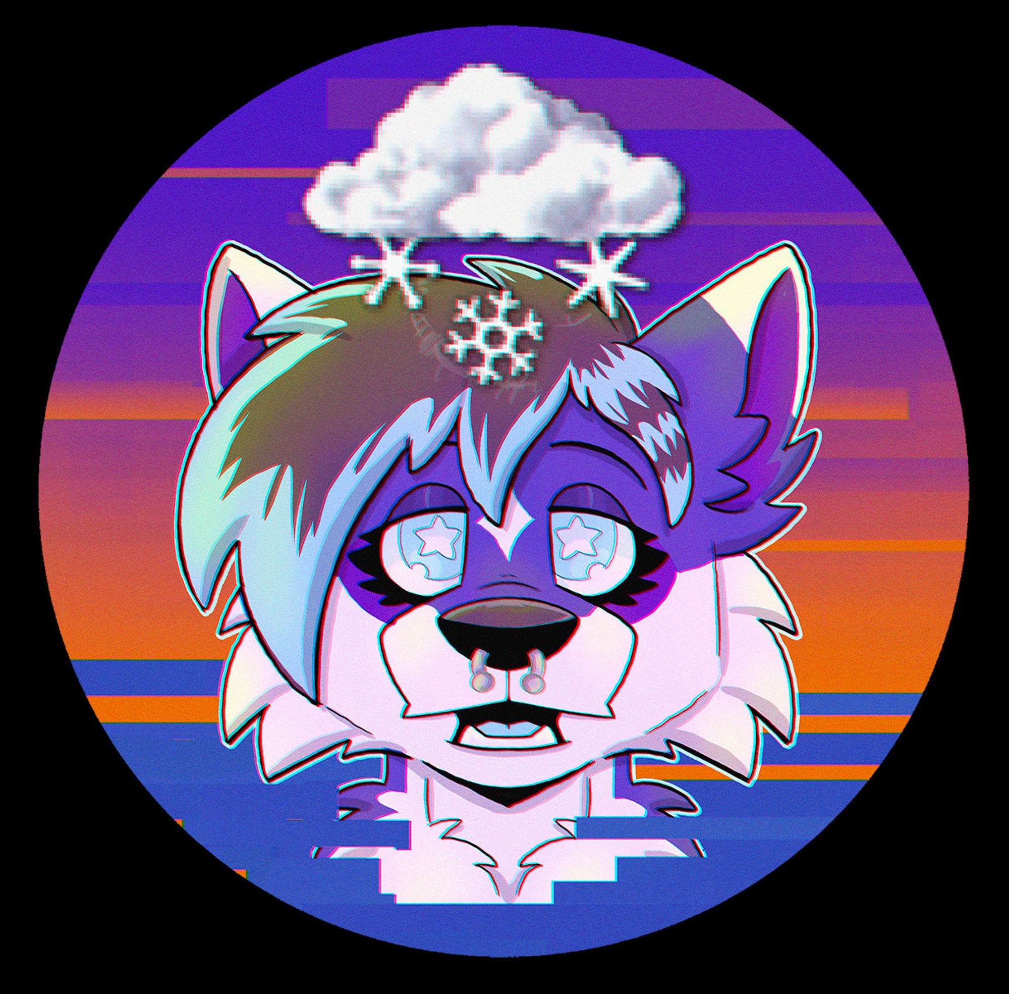 Blue husky anthro against a retro weather channel background. The snow showers icon is above their head.