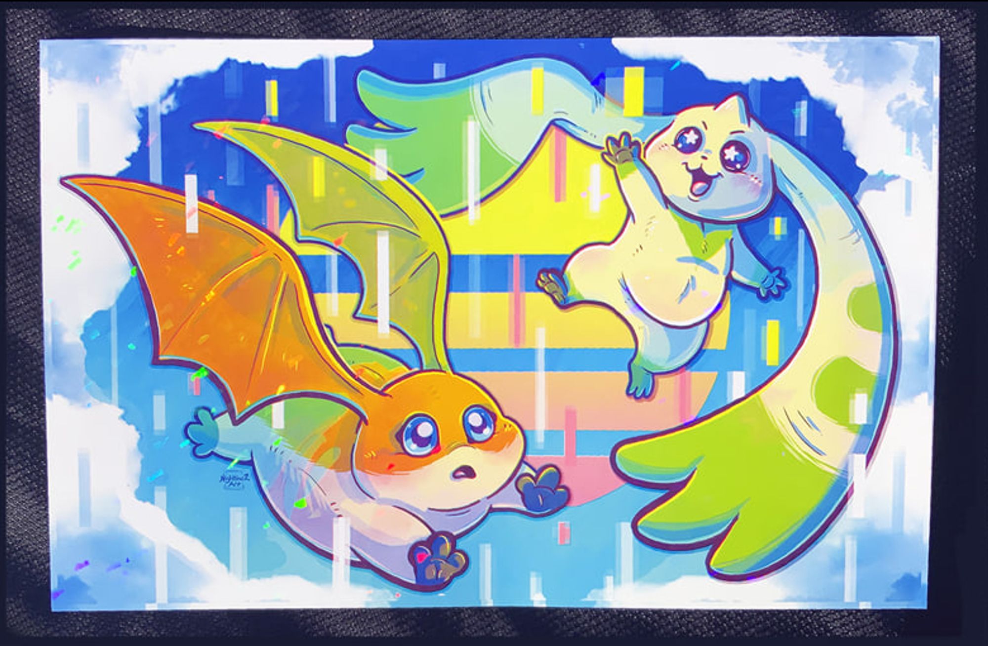 Print of Patamon and Terriermon flying through a glitchy sky with an 80s sun.