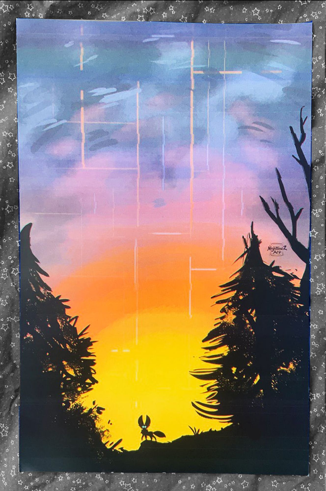 Print of a sunset with a silhouette of trees and a fennec fox