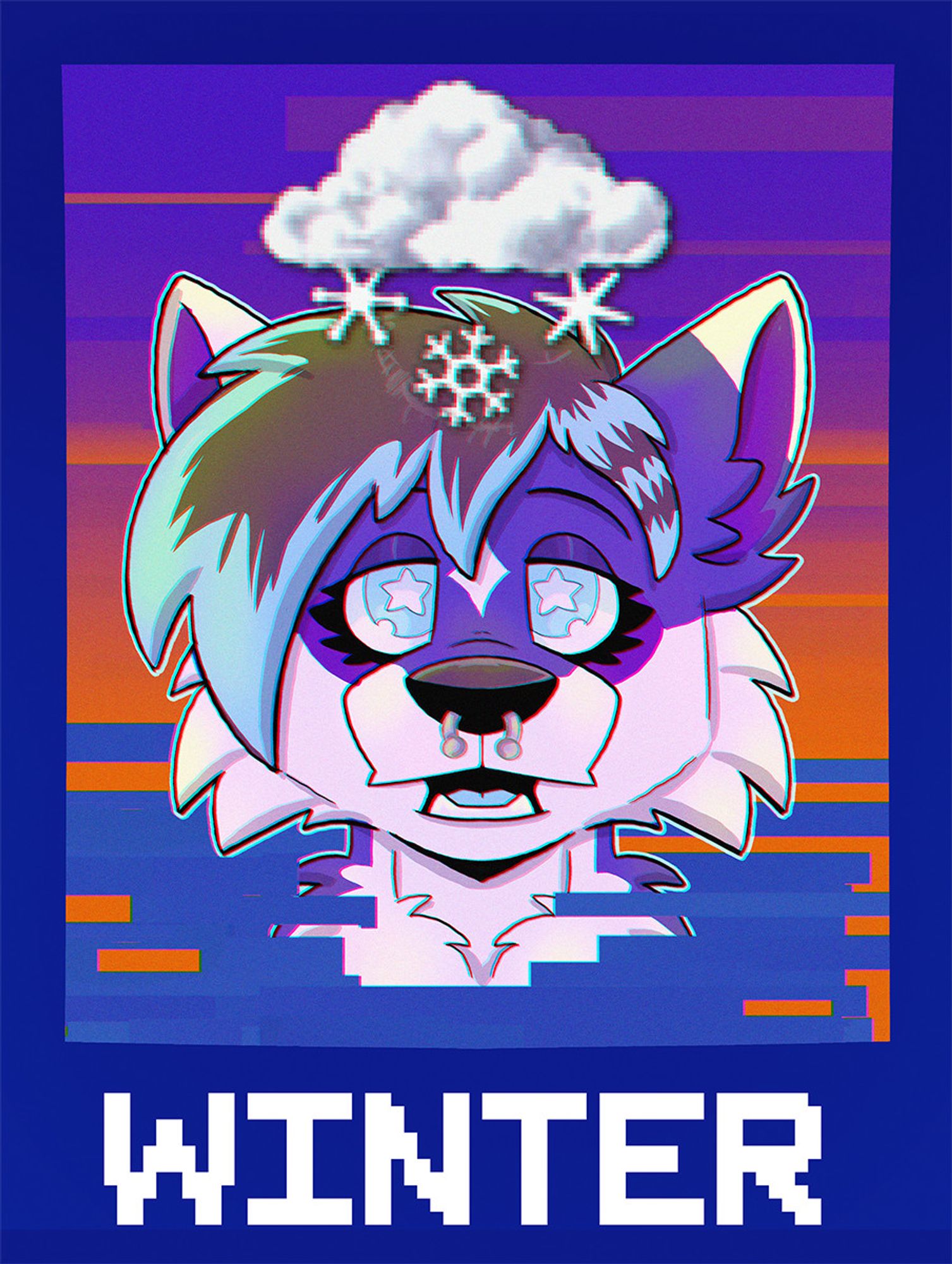 Badge version of the blue husky anthro against a retro weather channel background. The snow showers icon is above their head.