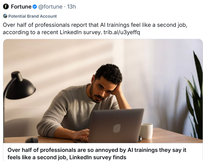 Screengrab of article shared on Bluesky. The headline reads "Over half of professionals report that AI trainings feel like a second job, according to a recent LinkedIn Survey".
