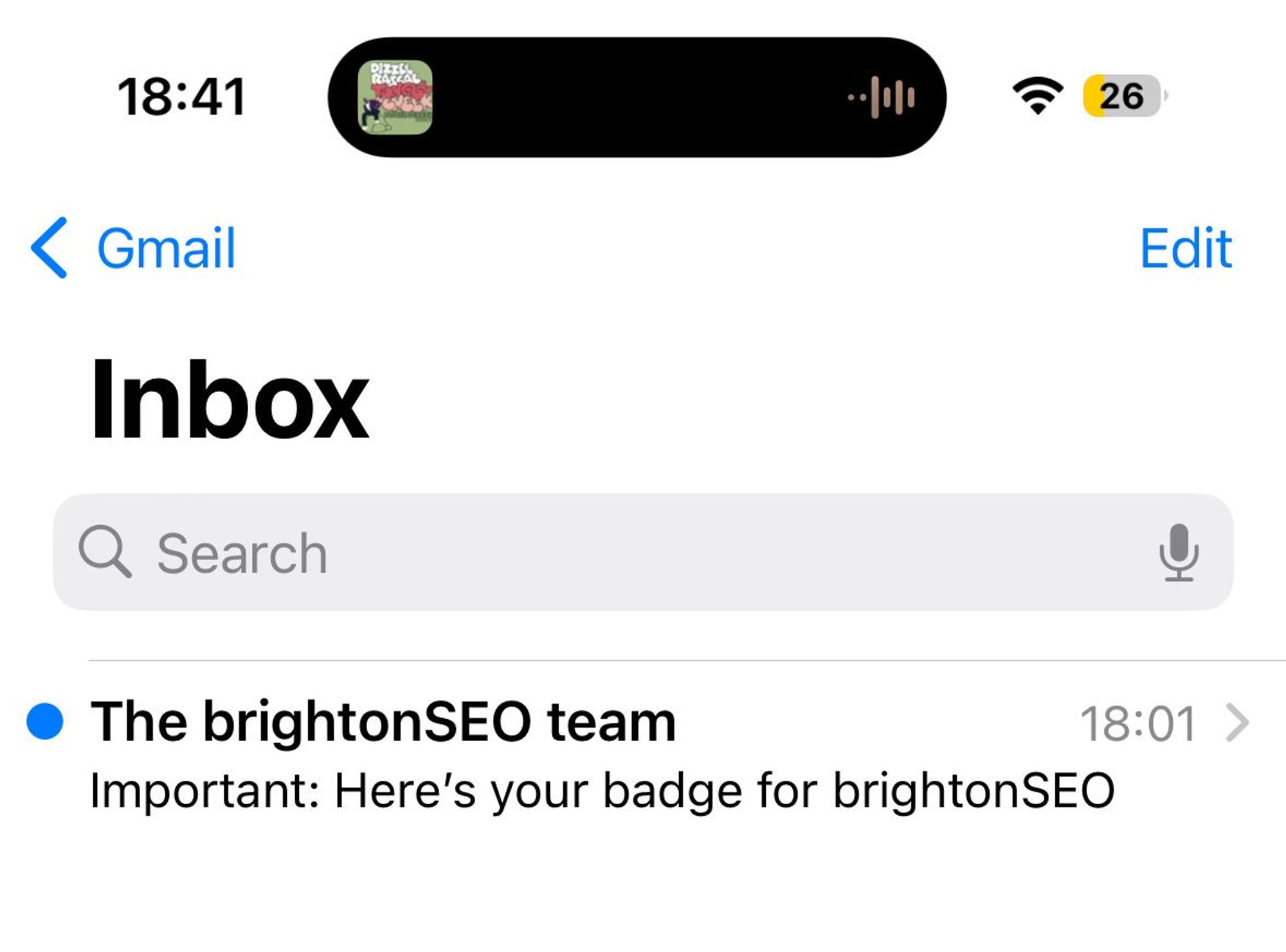 Screenshot of email inbox. Email at top reads: 
From: The BrightonSEO team
Subject line: Important: Here’s your badge for brightonSEO