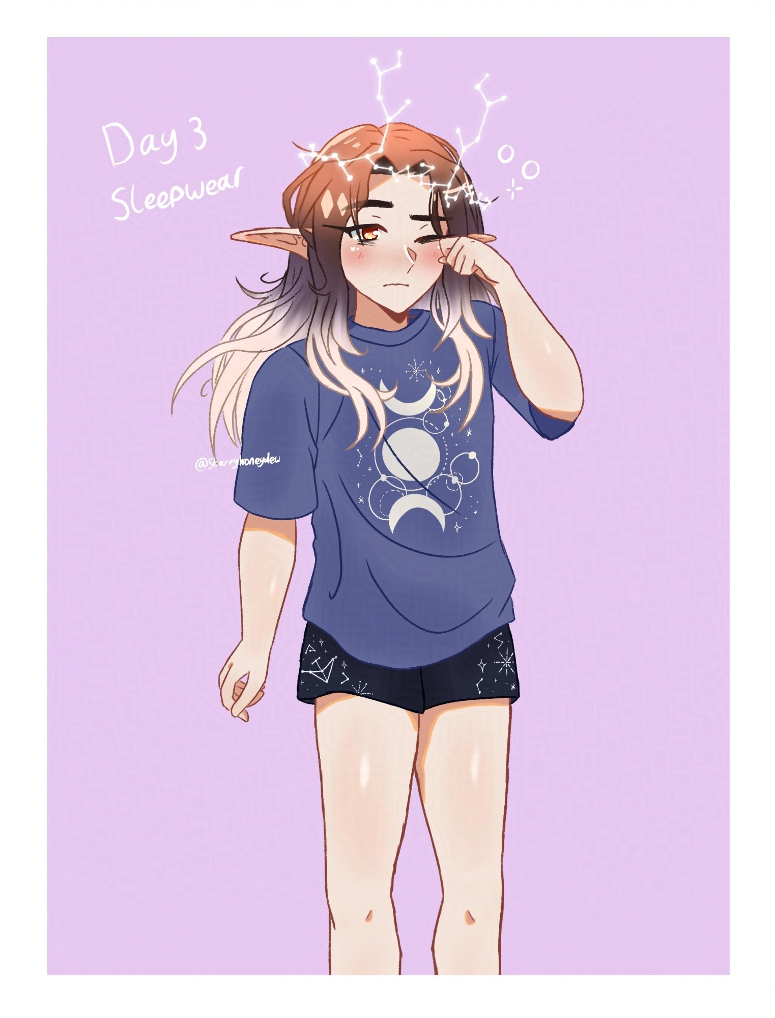 an illustration of Honey's elf sona/oc. he is looking sleepy after not long waking up. he is wearing an oversized shirt and some shorts, both with constellations, star and celestial themed designs