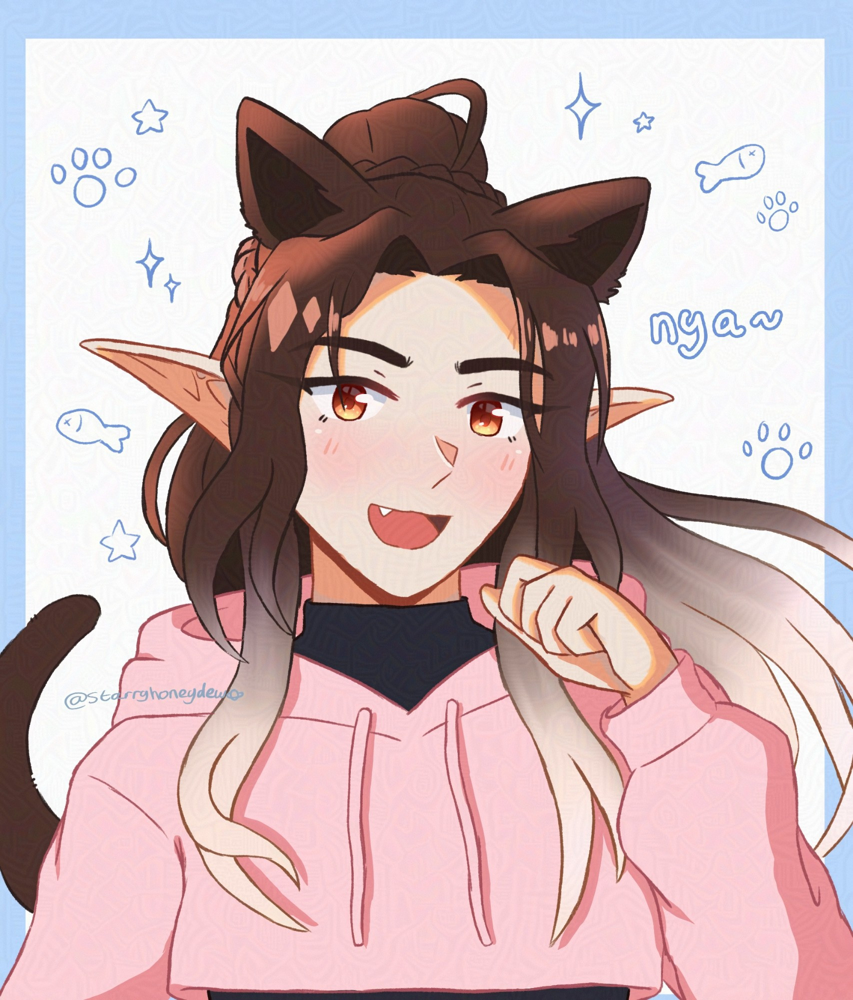 an illustration of Honey's elf sona/oc. he has cat ears and a tail and he is holding his hand up to his face whilst doing a little nya and is being a lil cat boy.