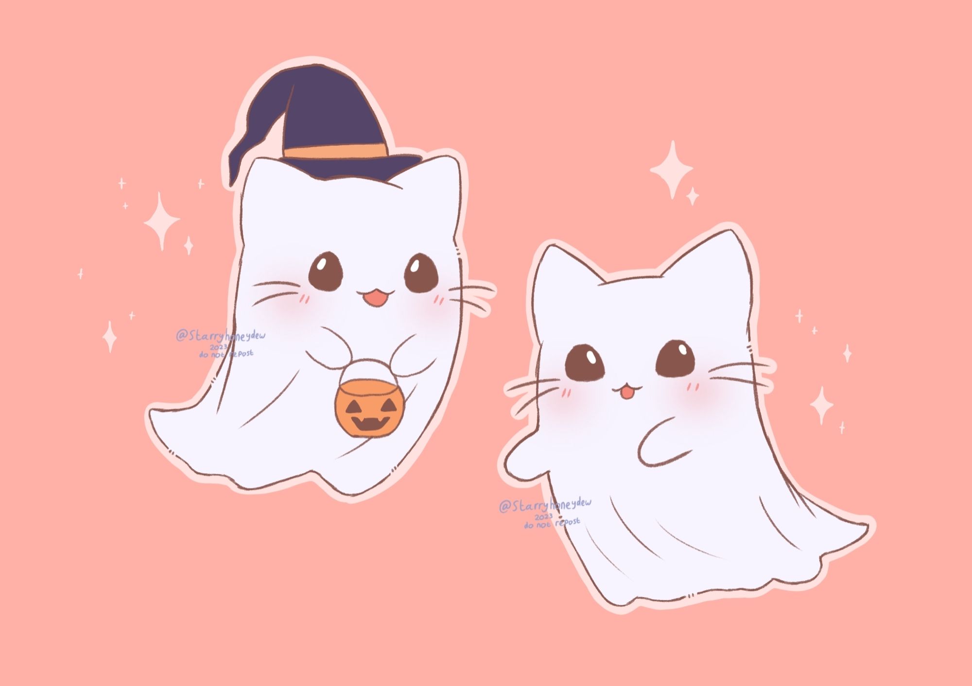 a chibi illustration of two ghost cats. the cat on the viewers left has a witch hat on and is carrying a pumpkin basket for candy