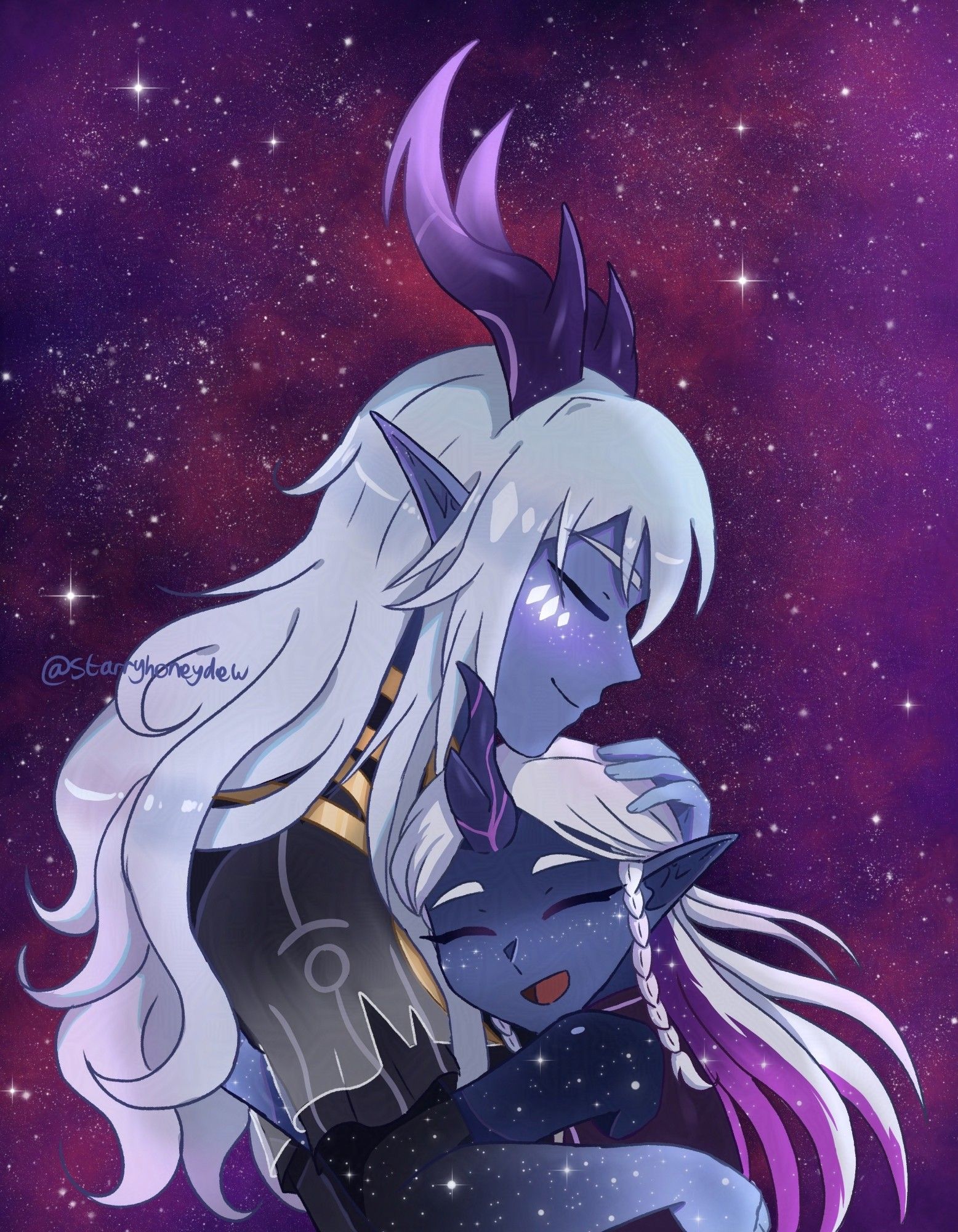 an illustration of the characters Aaravos and Leola who are hugging each other. they are both from the show the dragon prince