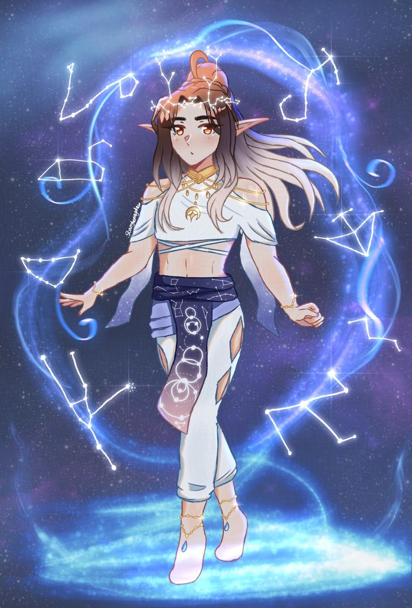 an illustration of Honey's elf sona/oc. he is wearing a flowy celestial themed outfit and is walking to the viewers left. there is blue and purple coloured magic flowing around him and constellations can be seen within it. the constellations from left to right are Taurus, Capricornus, Leo, Pisces, Scorpius, Aquila, Vulpecula and Monoceros